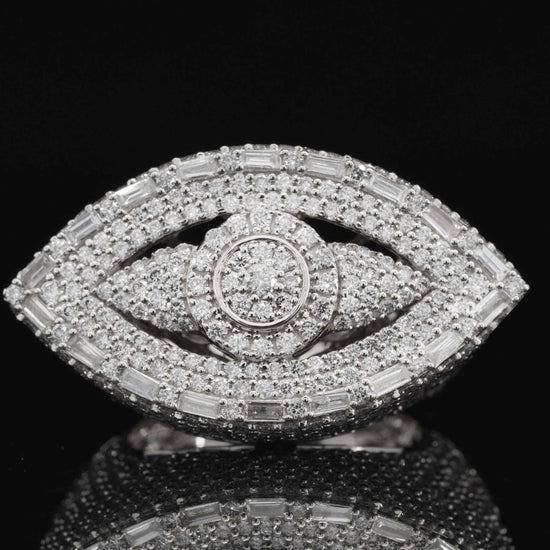 Mens 925 Silver Evil Eye Moissanite Iced Out Baguette Ring