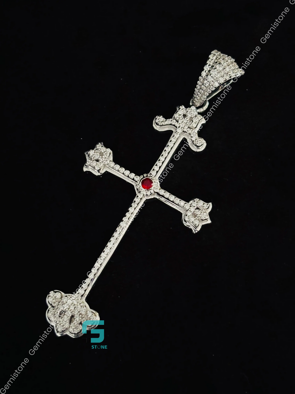 Jesus Cross Moissanite Ruby Hip Hop Pendant 925 Silver