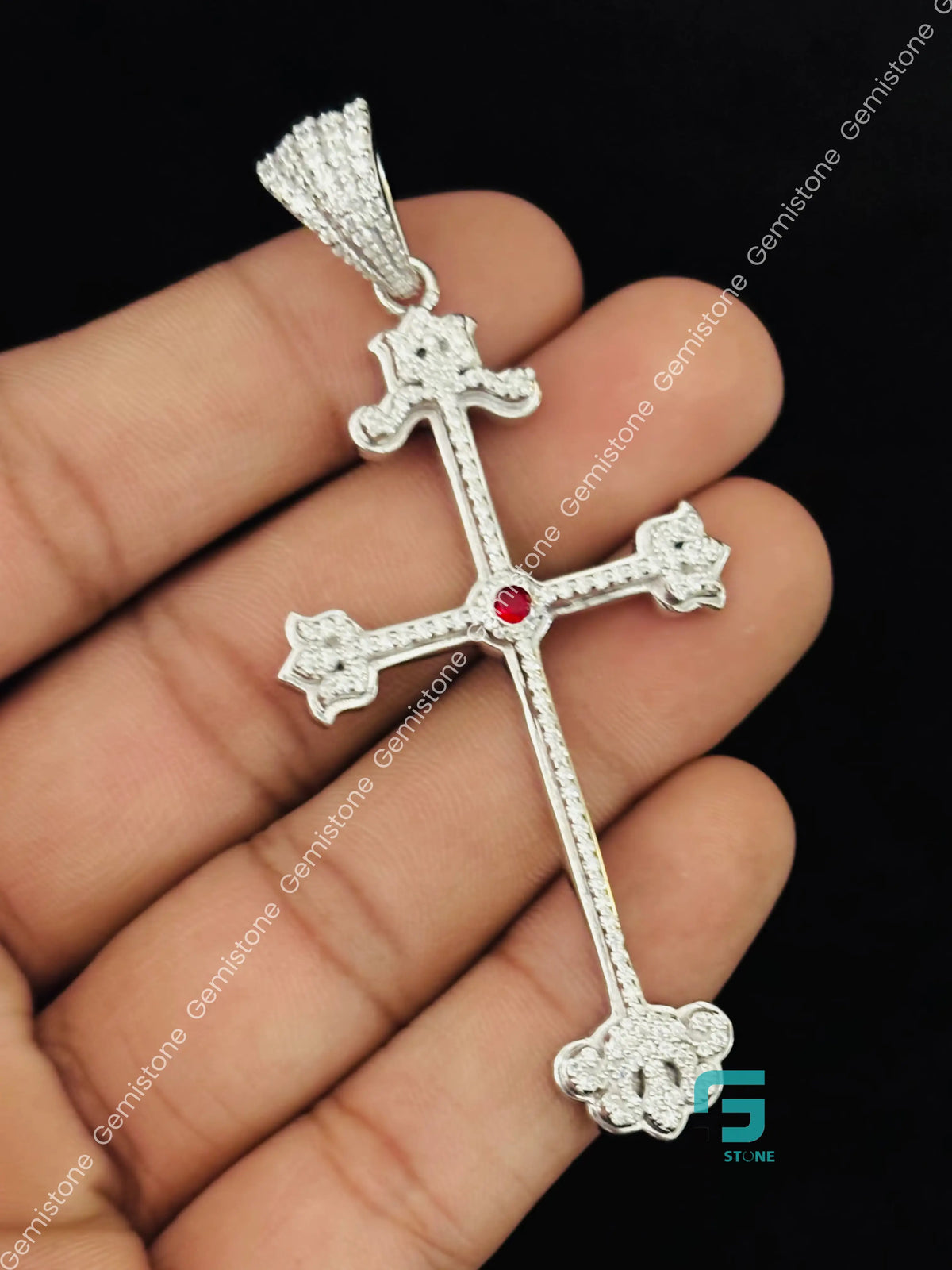 Jesus Cross Moissanite Ruby Hip Hop Pendant 925 Silver
