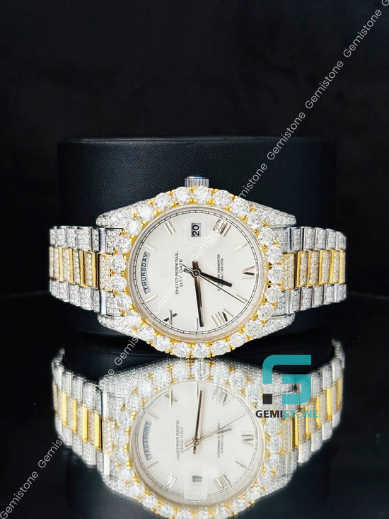 Dual Tone White Dial Roman Number Moissanite Watch