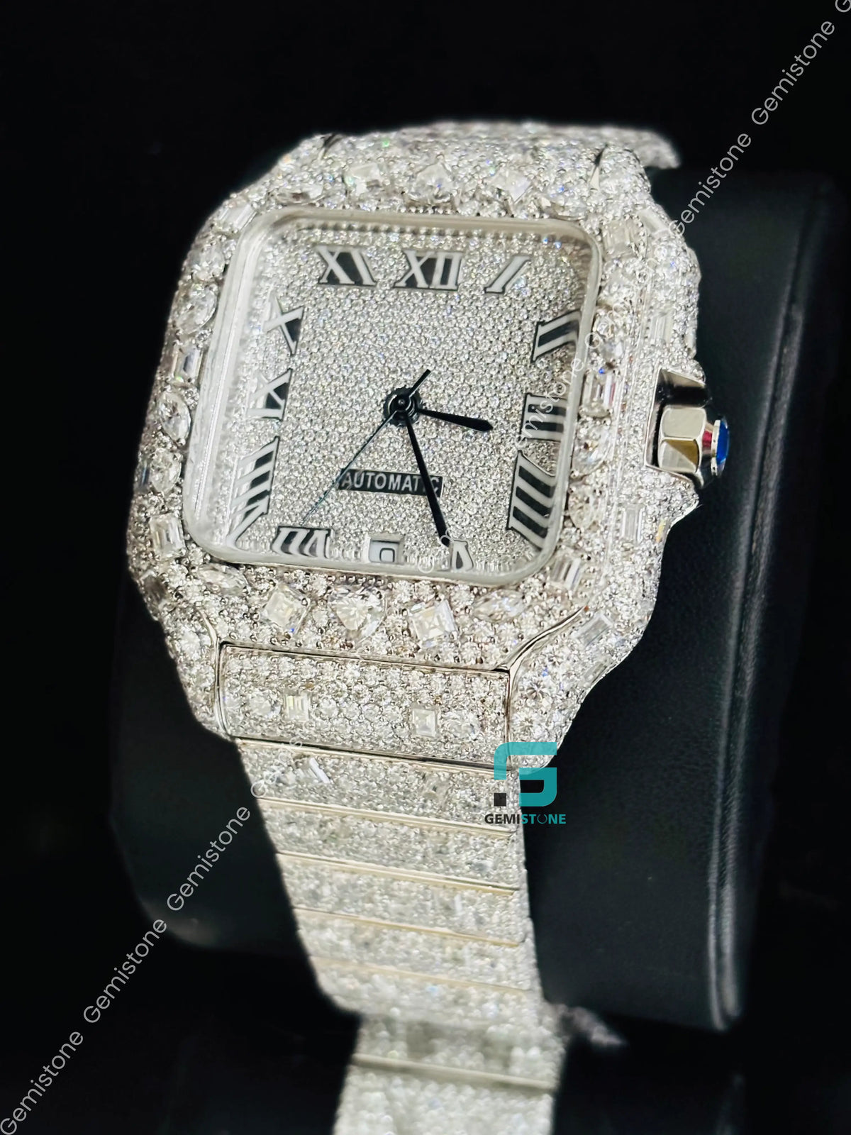 Fully Iced Out Roman Number Moissanite Multi Shape Watch