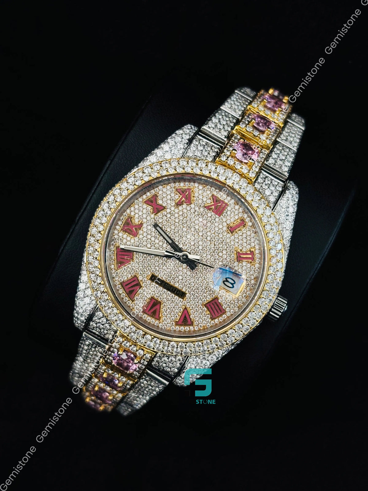 Pink Roman Number Studded Moissanite Automatic Watch