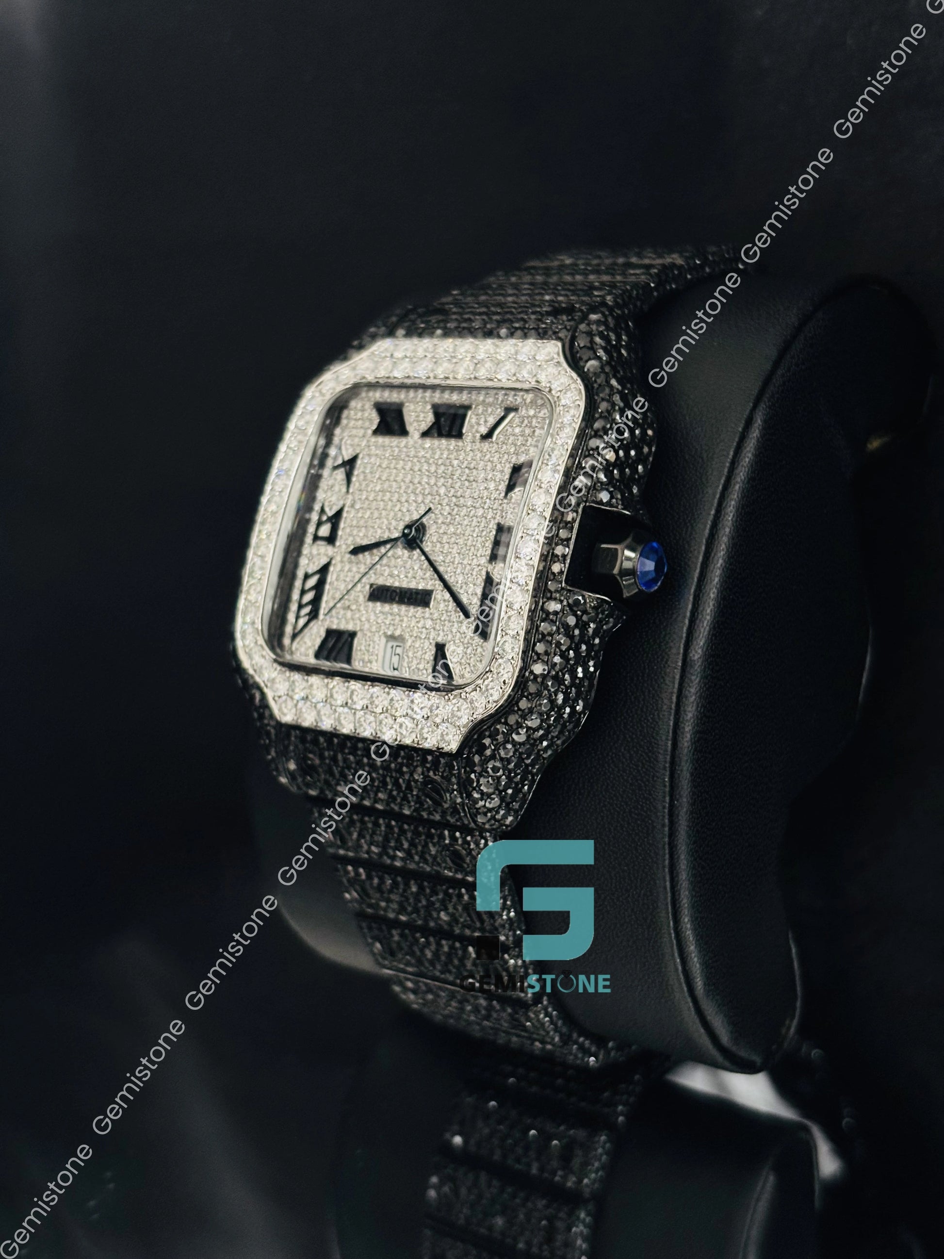 Iced Out Black_ White Diamond Moissanite Cartier Watch