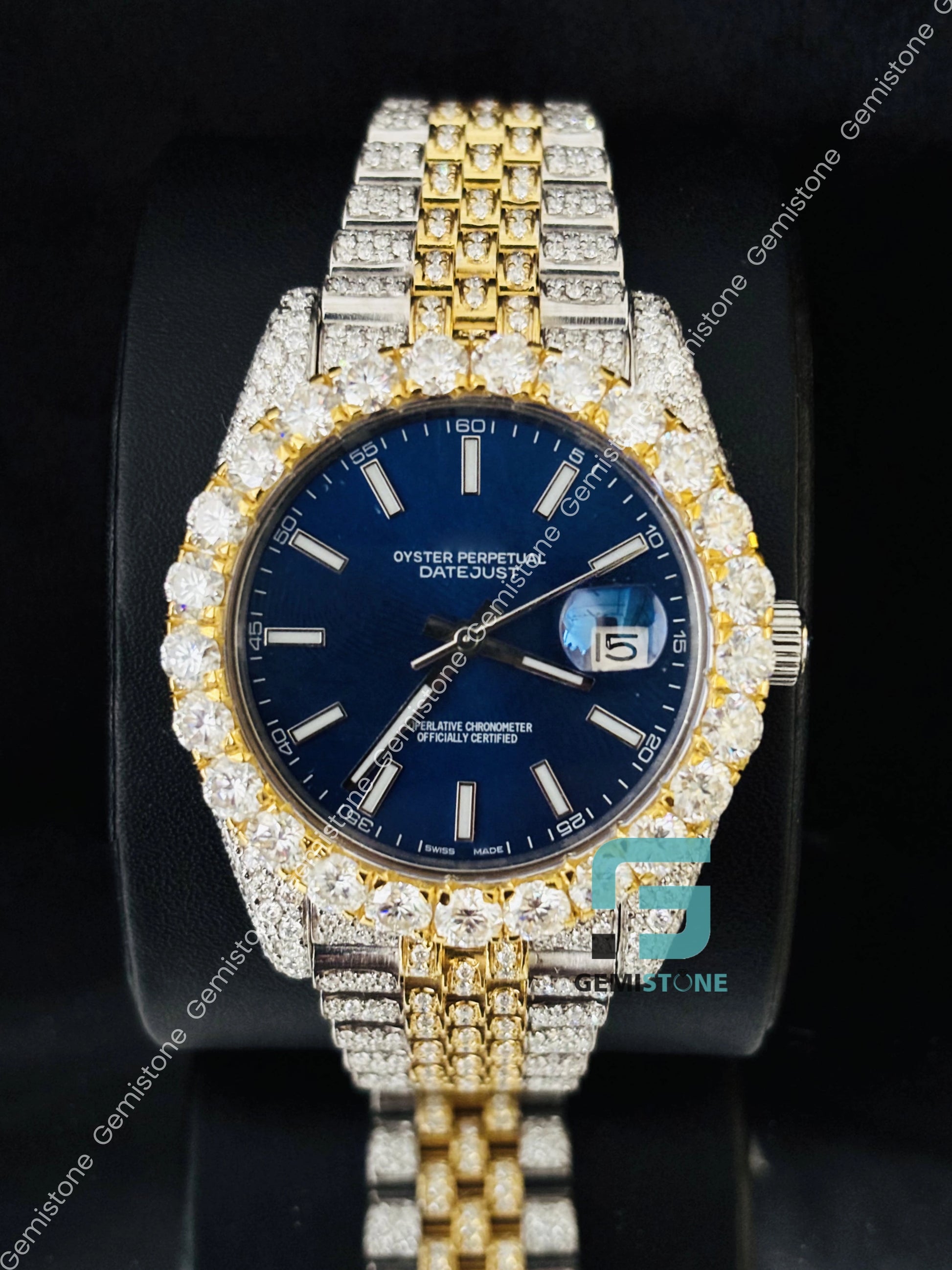 Iced Out Hip Hop Moissanite Blue Dial Dual tone Watch