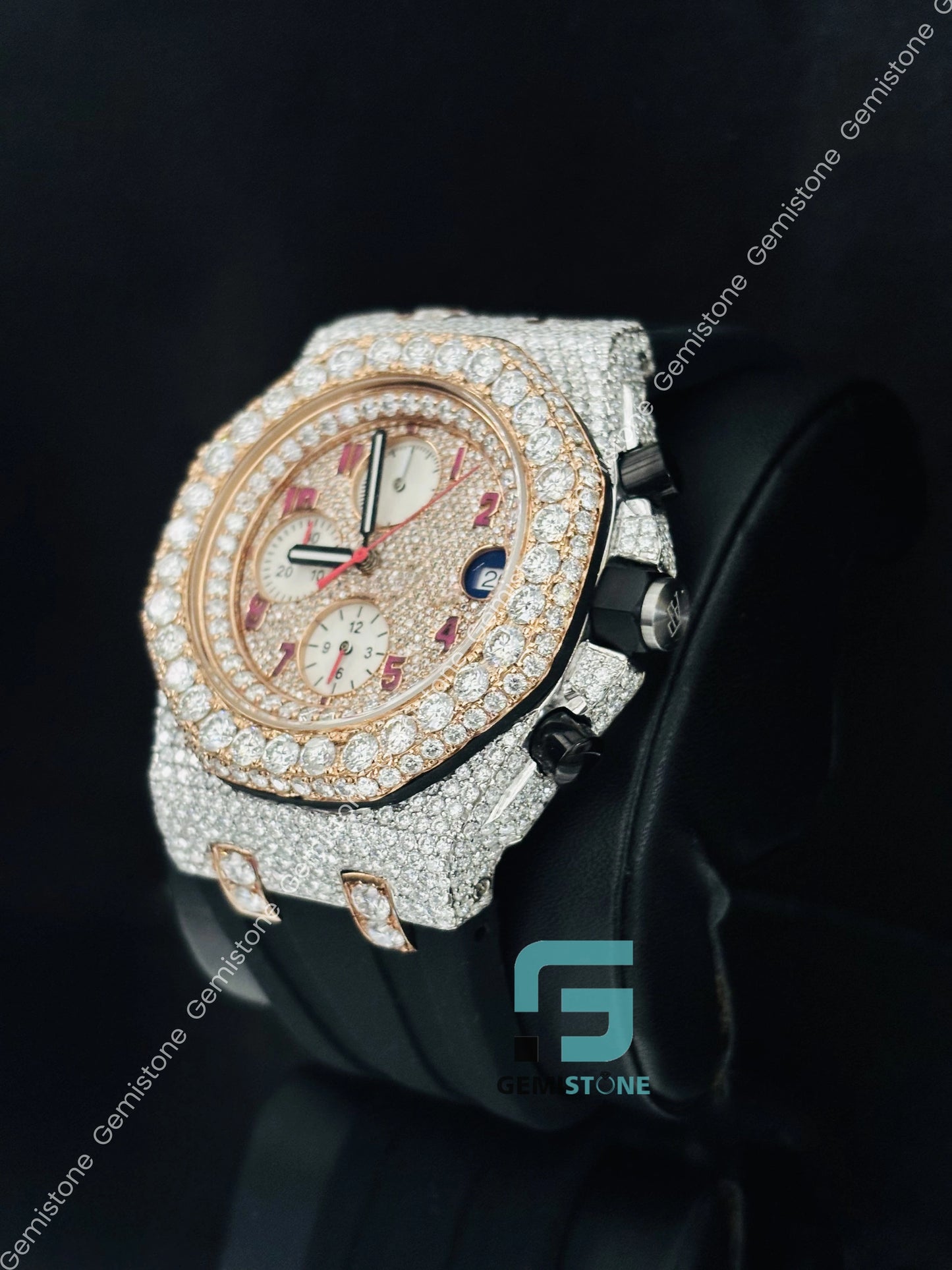 Iced Out Hip Hop Moissanite Bust Down Black Silicon Belt Watch