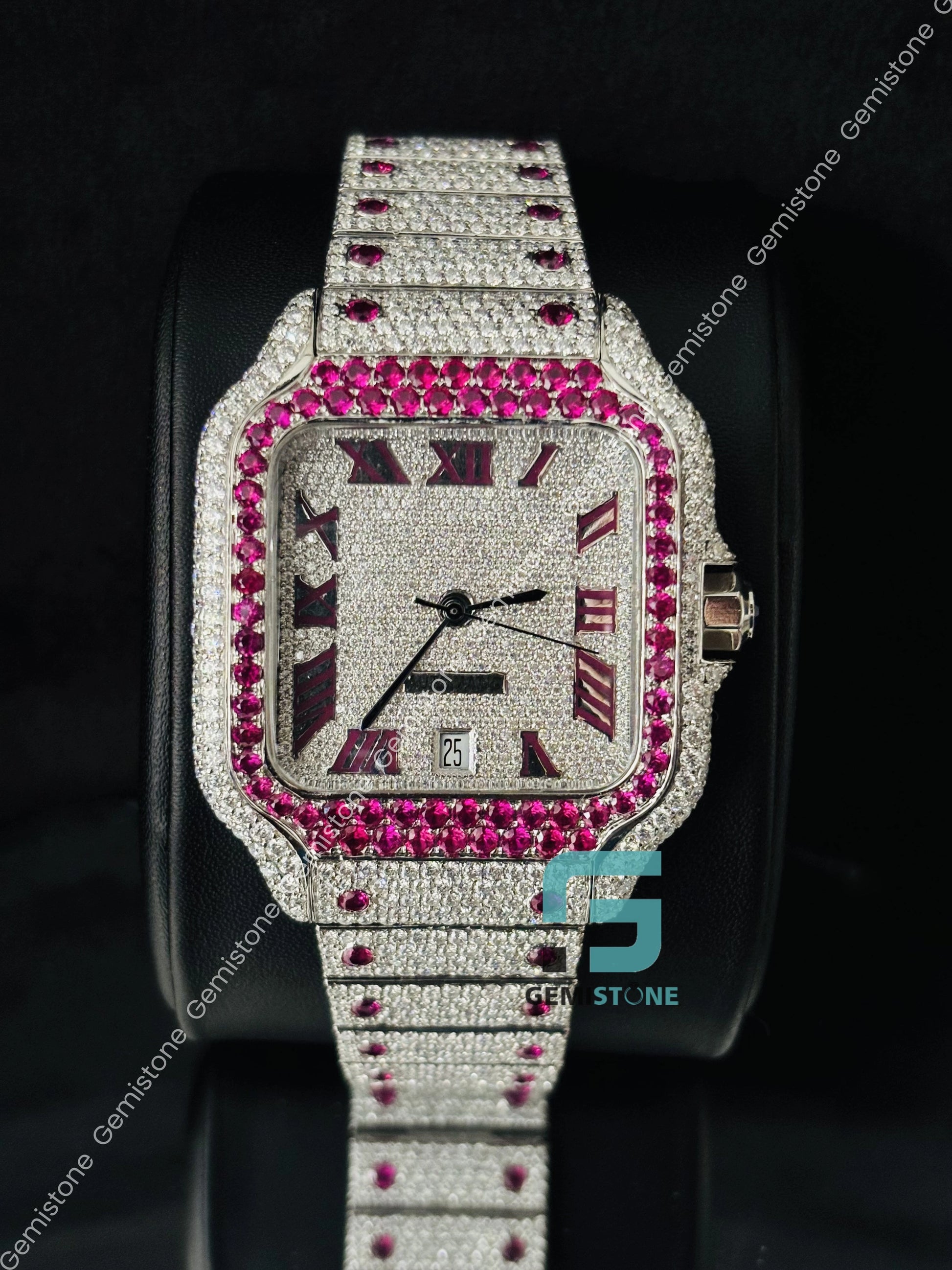 Iced Out Hip Hop Pink Roman Number Moissanite Watch
