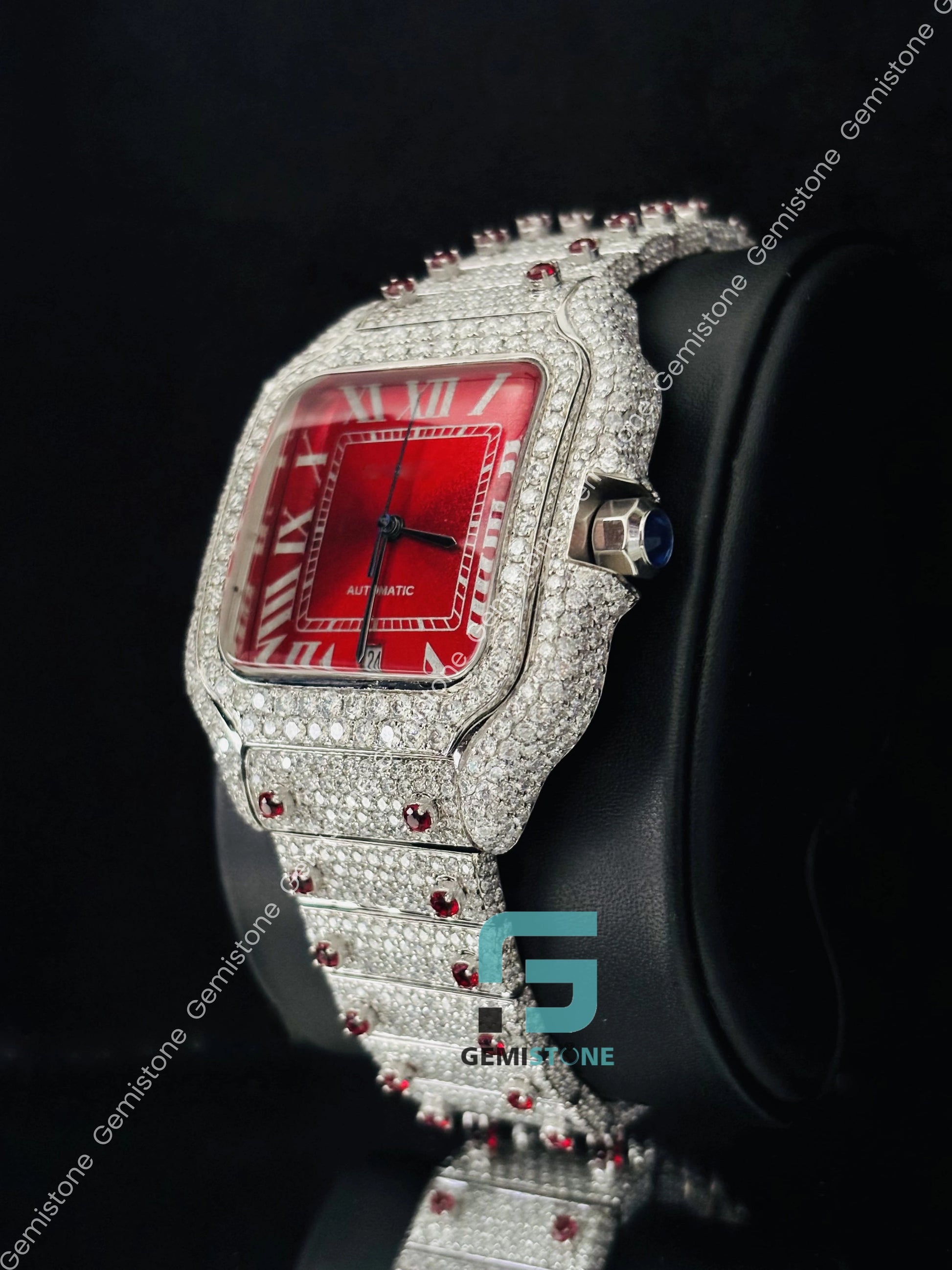 Iced Out Moissanite Bust Down Hip Hop Red Dial Watch For Him