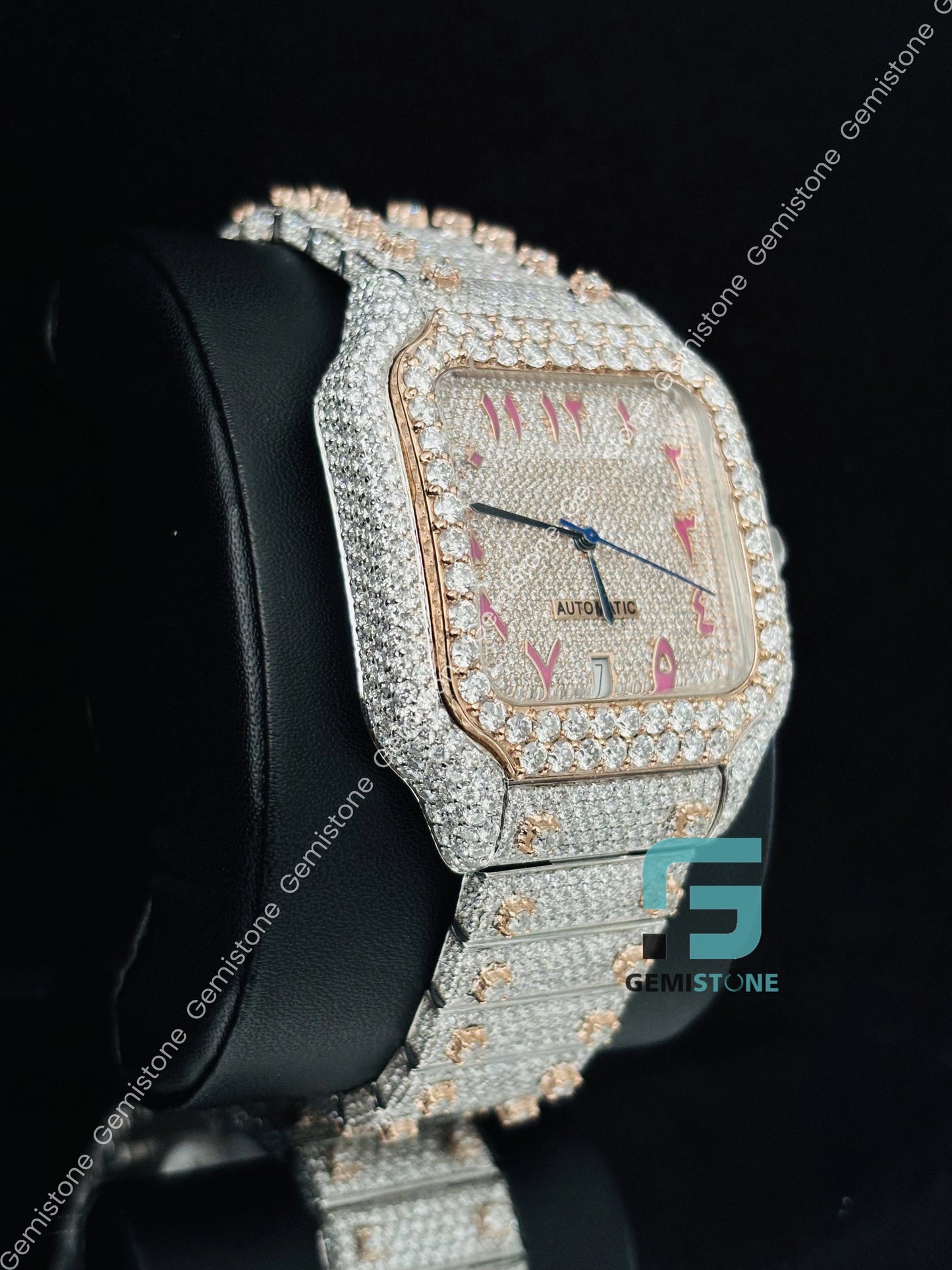 Iced Out Moissanite Cartier Pink Number Watch For Men
