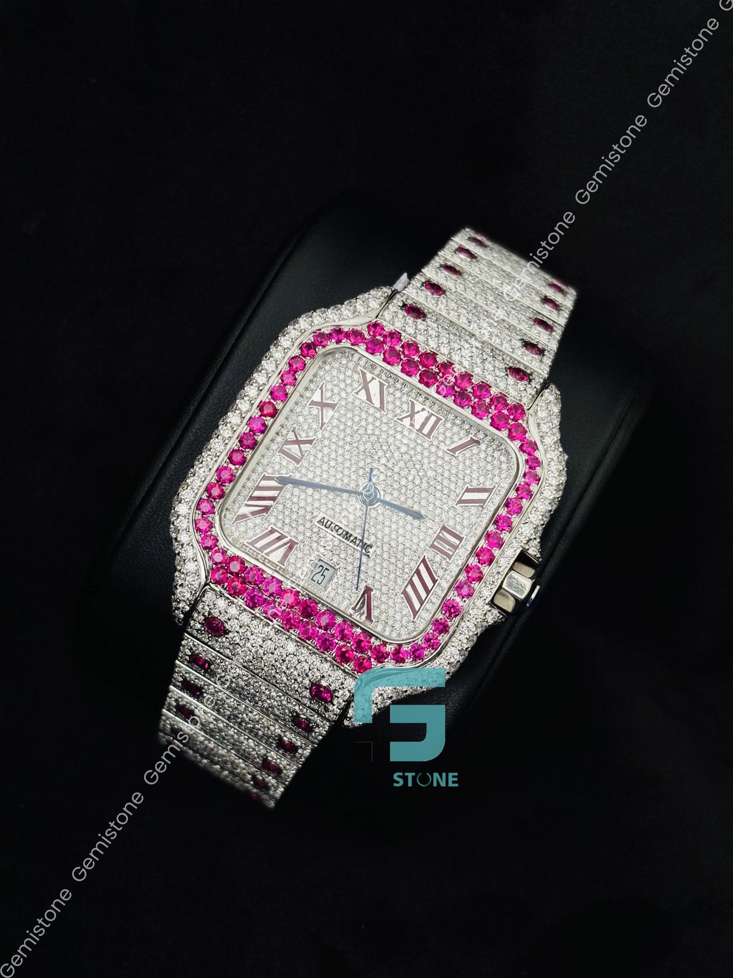 Iced Out Moissanite Hip Hop Cartier Pink Stone Watch