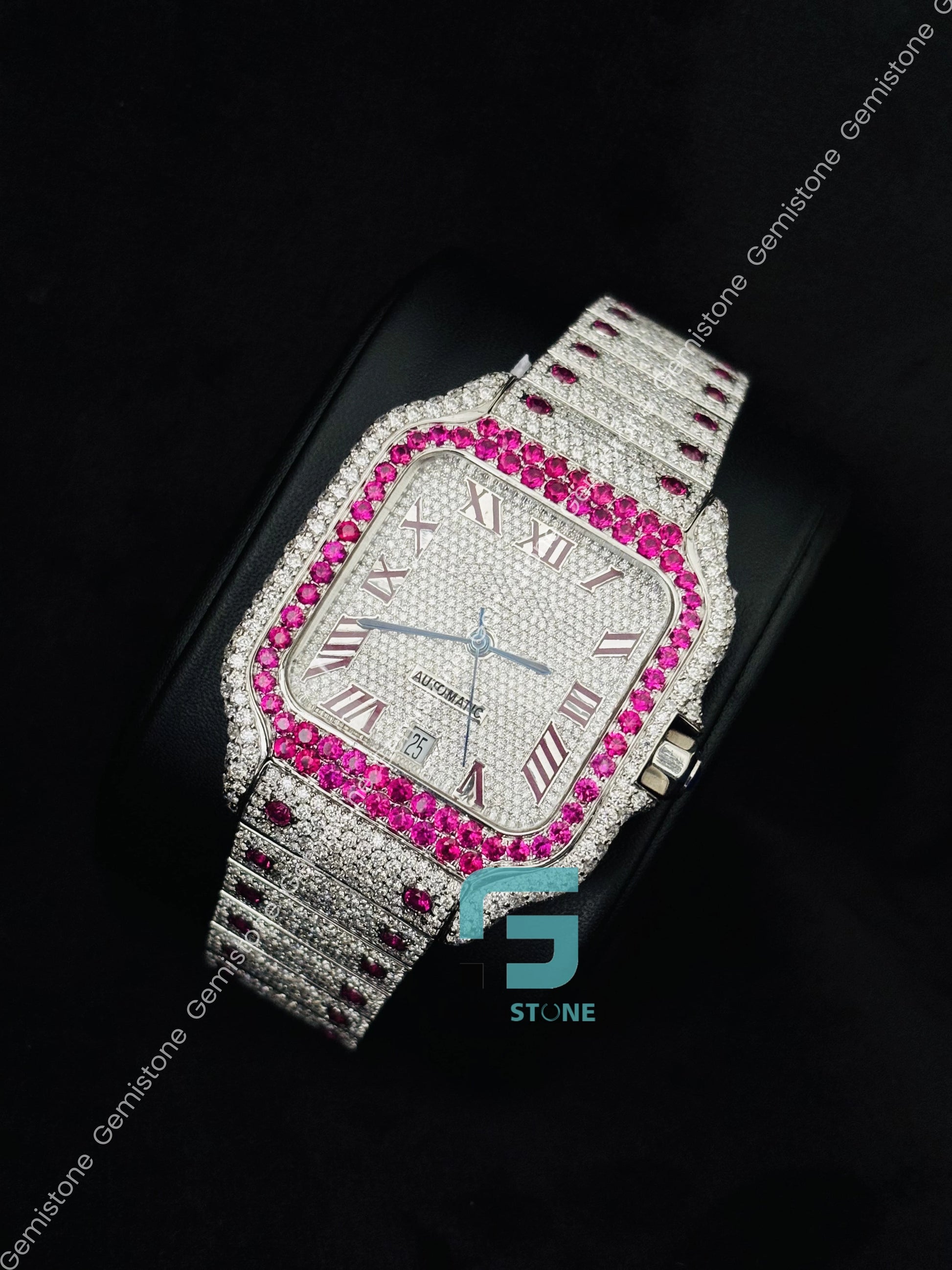 Iced Out Moissanite Hip Hop Cartier Pink Stone Watch