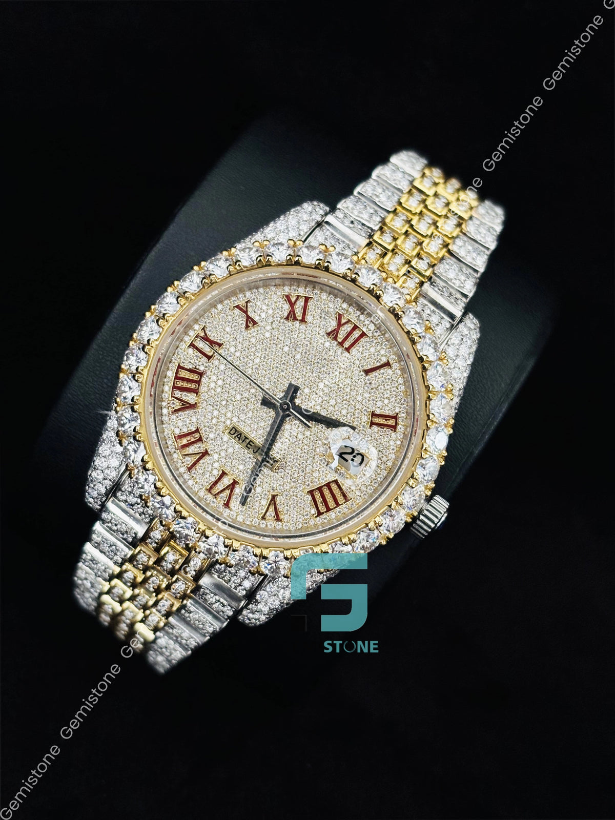 Rolex Gold Chain Rappers Men Two Tone Red Roman Number Moissanite Rappers Watch – Gemistone