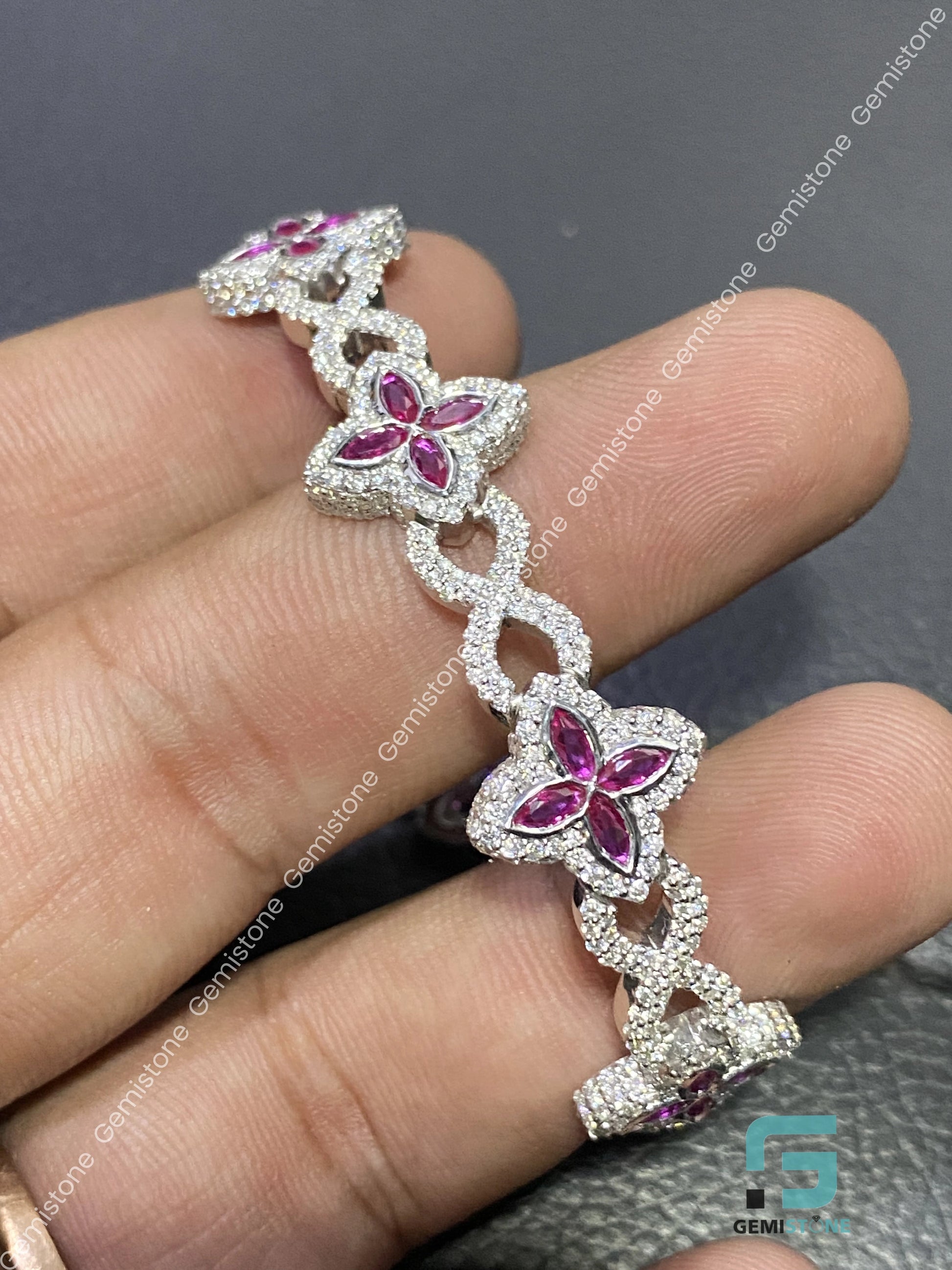 Iced Out Pink Clover Moissanite Bracelet