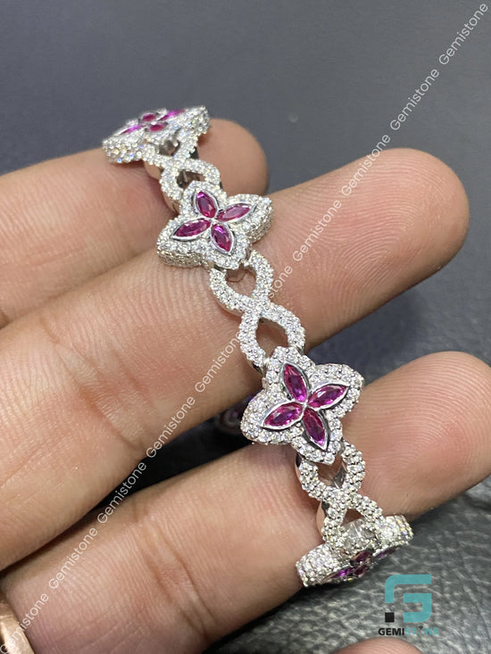 Iced Out Pink Clover Moissanite Bracelet
