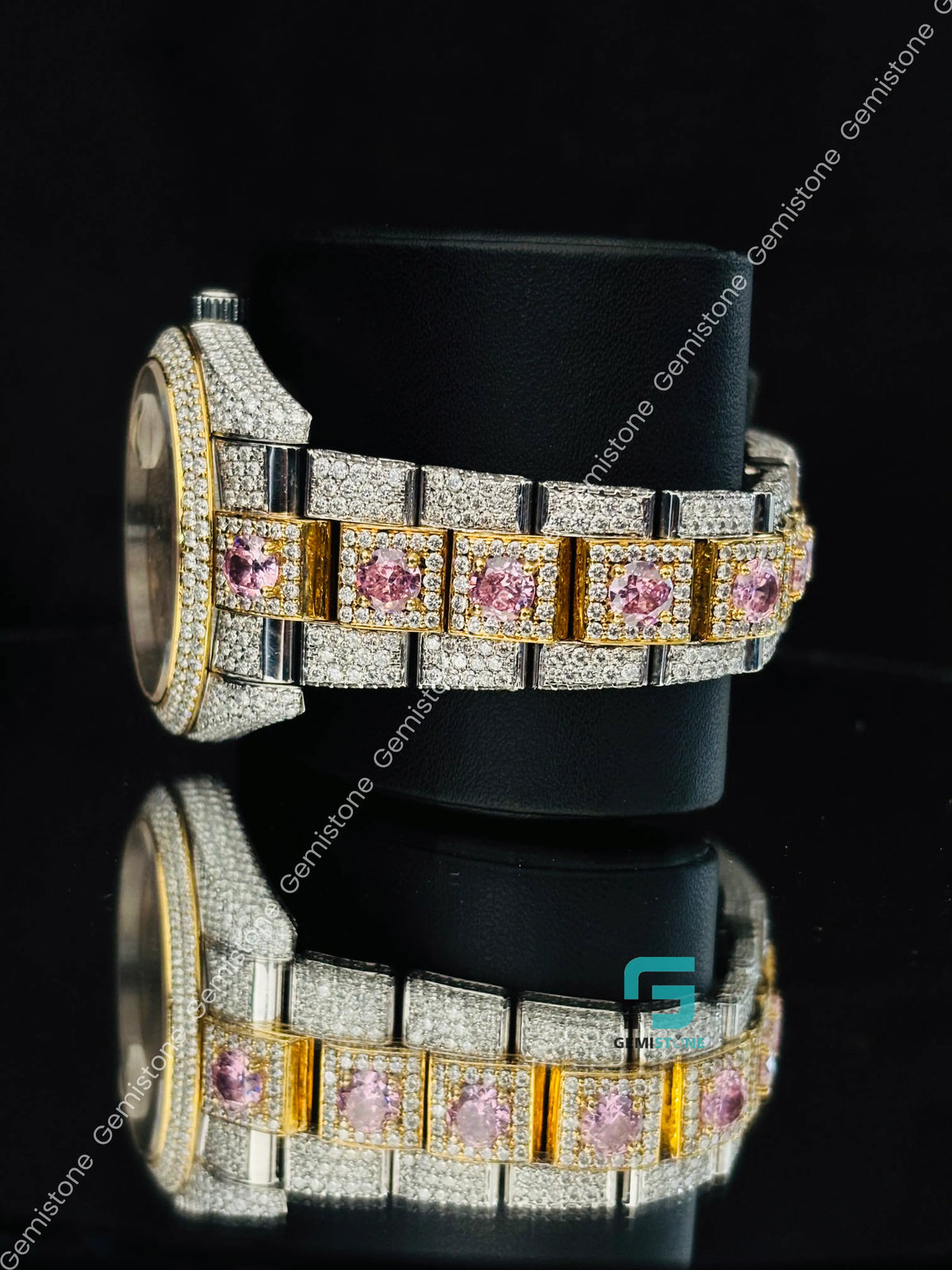 Iced Out Pink Diamond Rolex Moissanite Studded Watch For Men