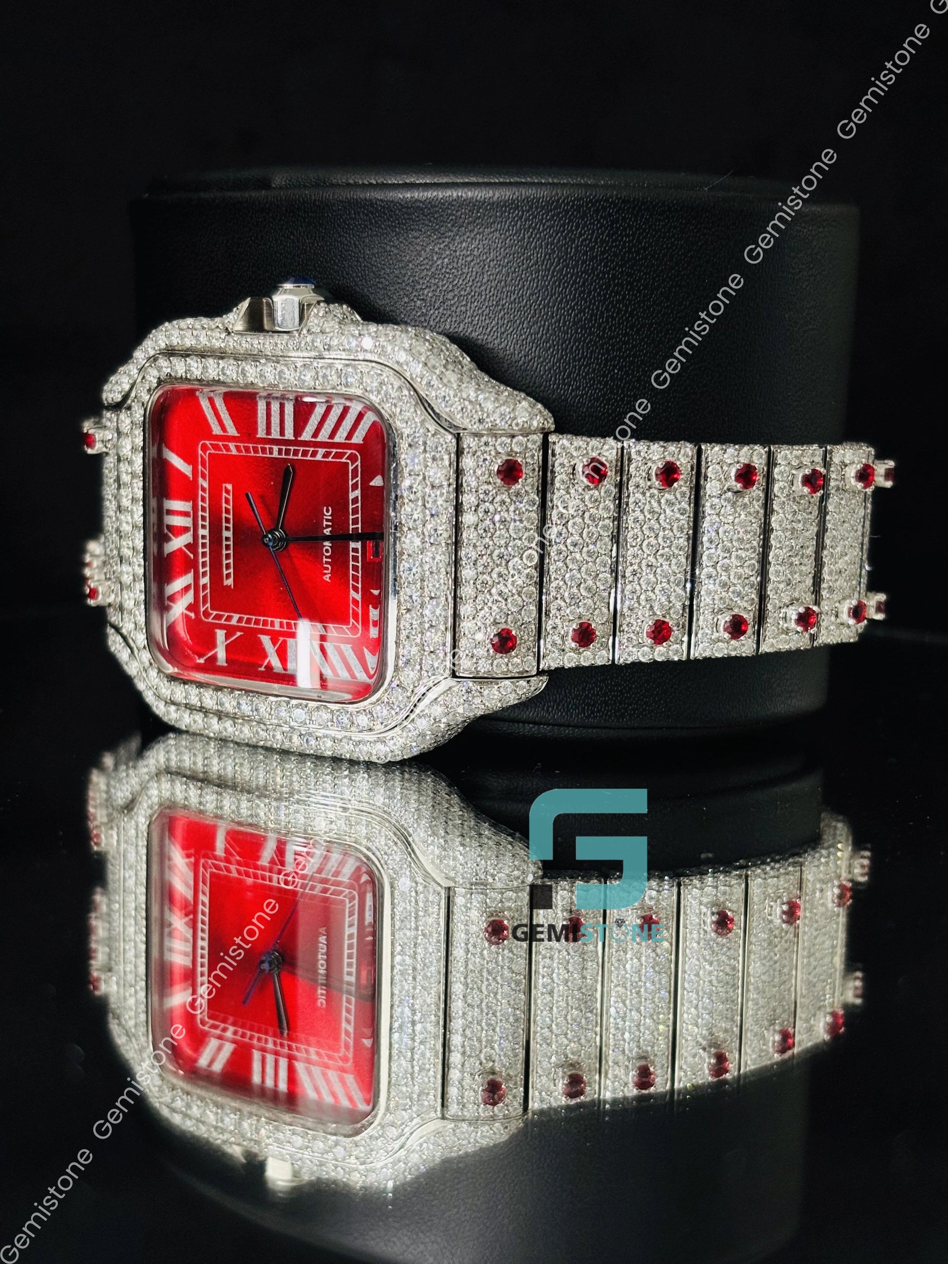 Iced Out Red Dial Moissanite Wrist watch For Men