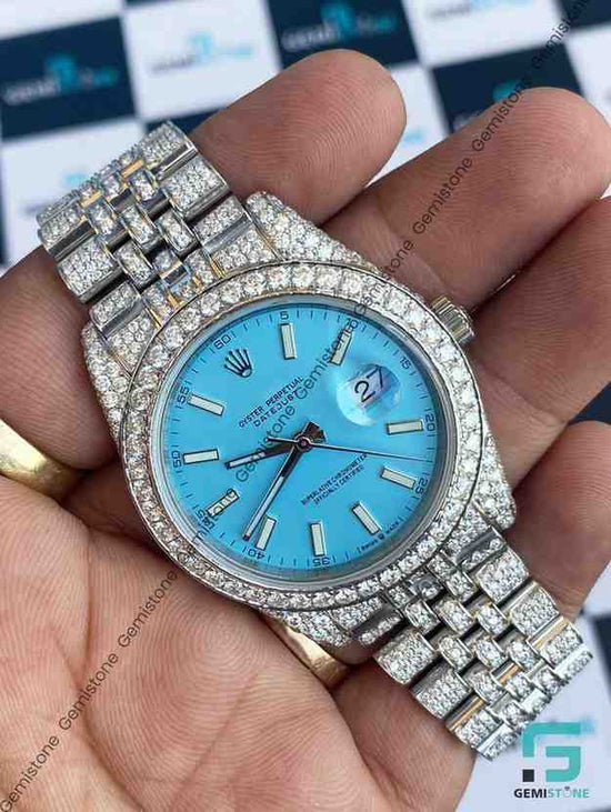 Sky Blue Dial Jubilee Belt Hip Hop Moissanite Watch