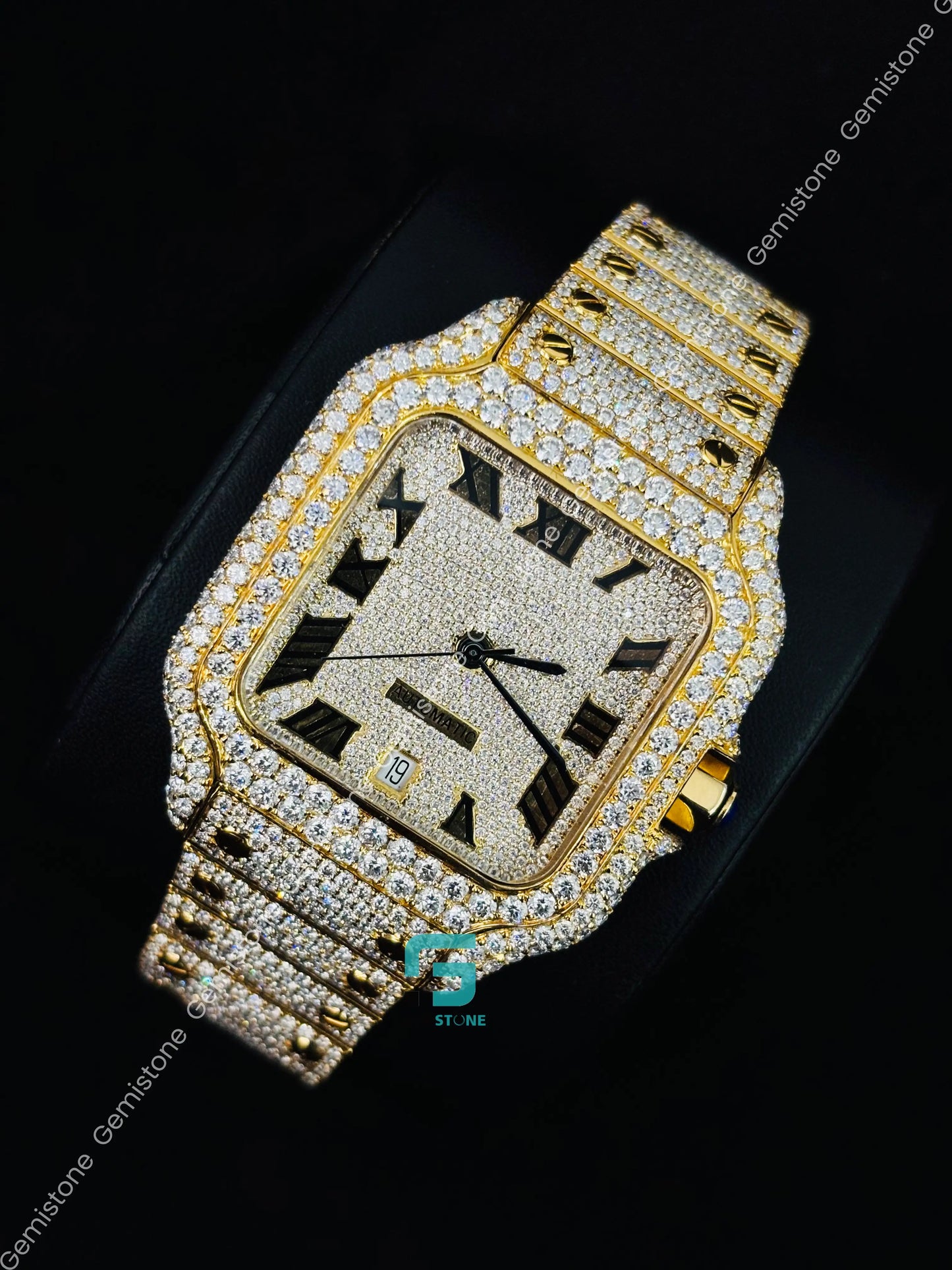 Iced Out Yellow Gold Plated Roman Number Moissanite Watch
