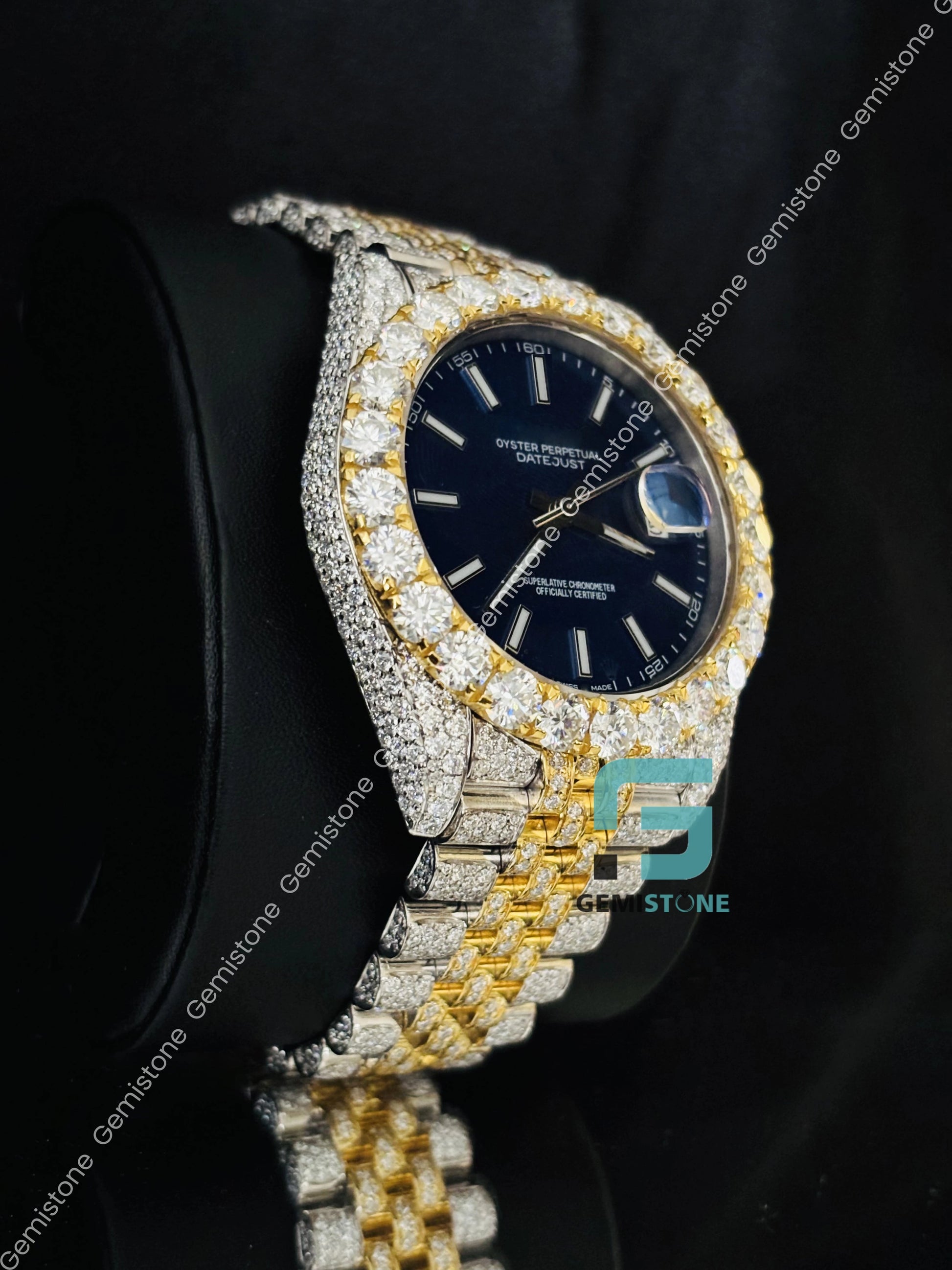 Jubilee Strap Moissanite Iced Out Blue Dial Watch