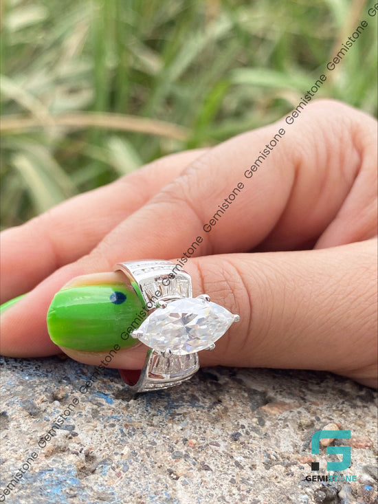 14K White Gold Cluster Diamond Marquise Baguette Ring