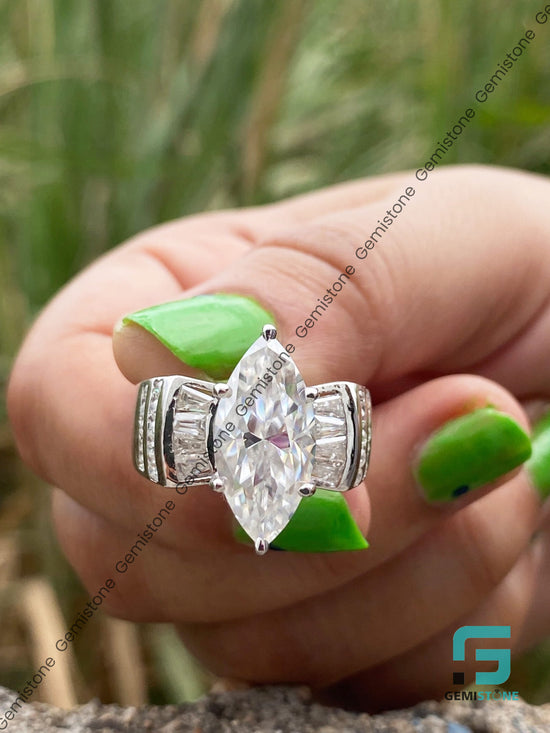 14K White Gold Cluster Diamond Marquise Baguette Ring