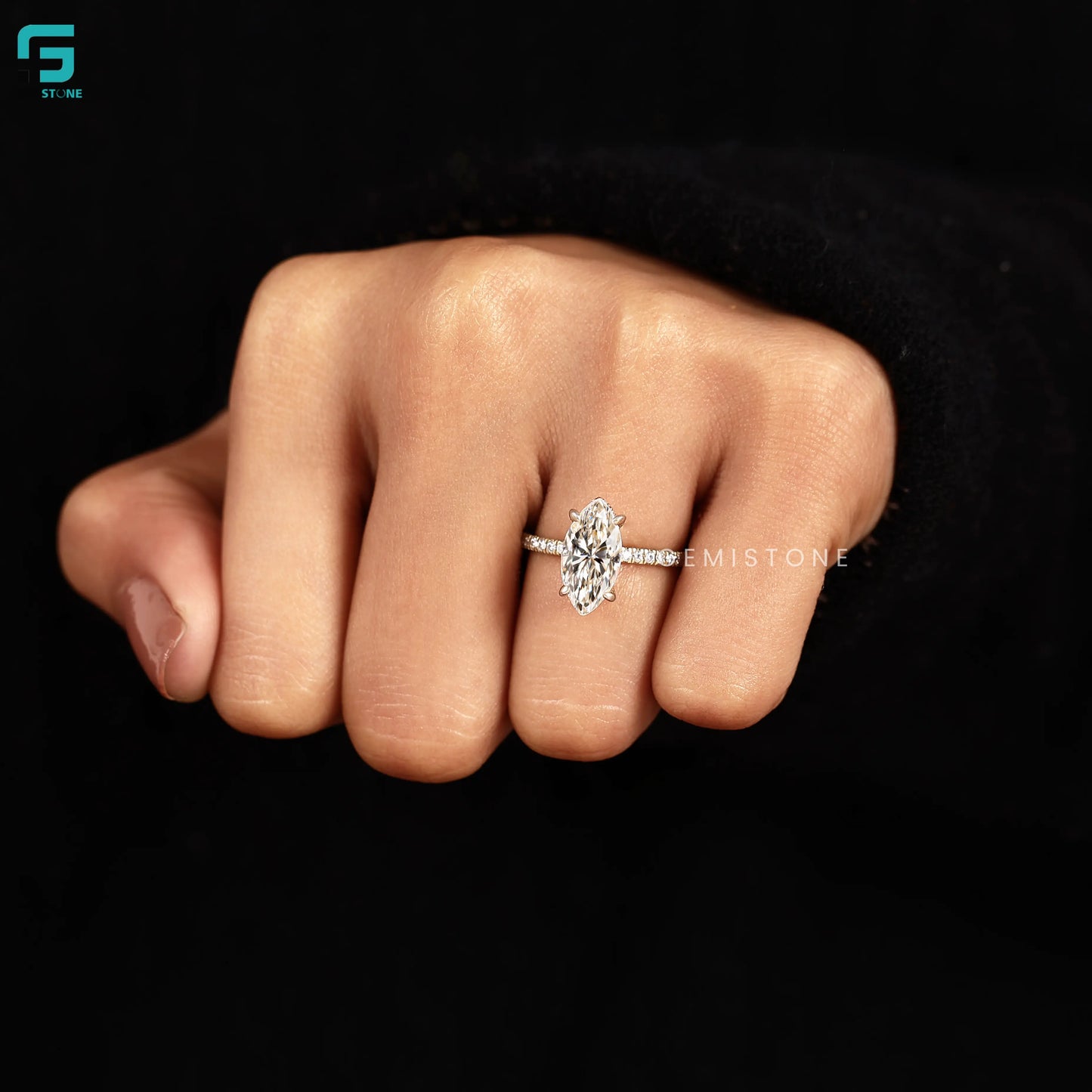 Marquise Cut Pave Set Lab Diamond Hidden Halo Ring