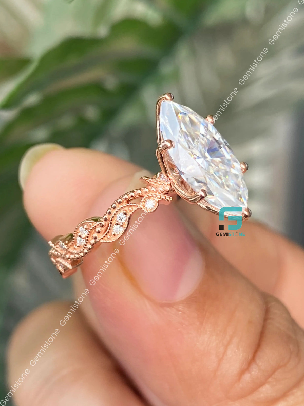 Marquise Natural Inspired Moissanite Tulip Setting Bridal Ring