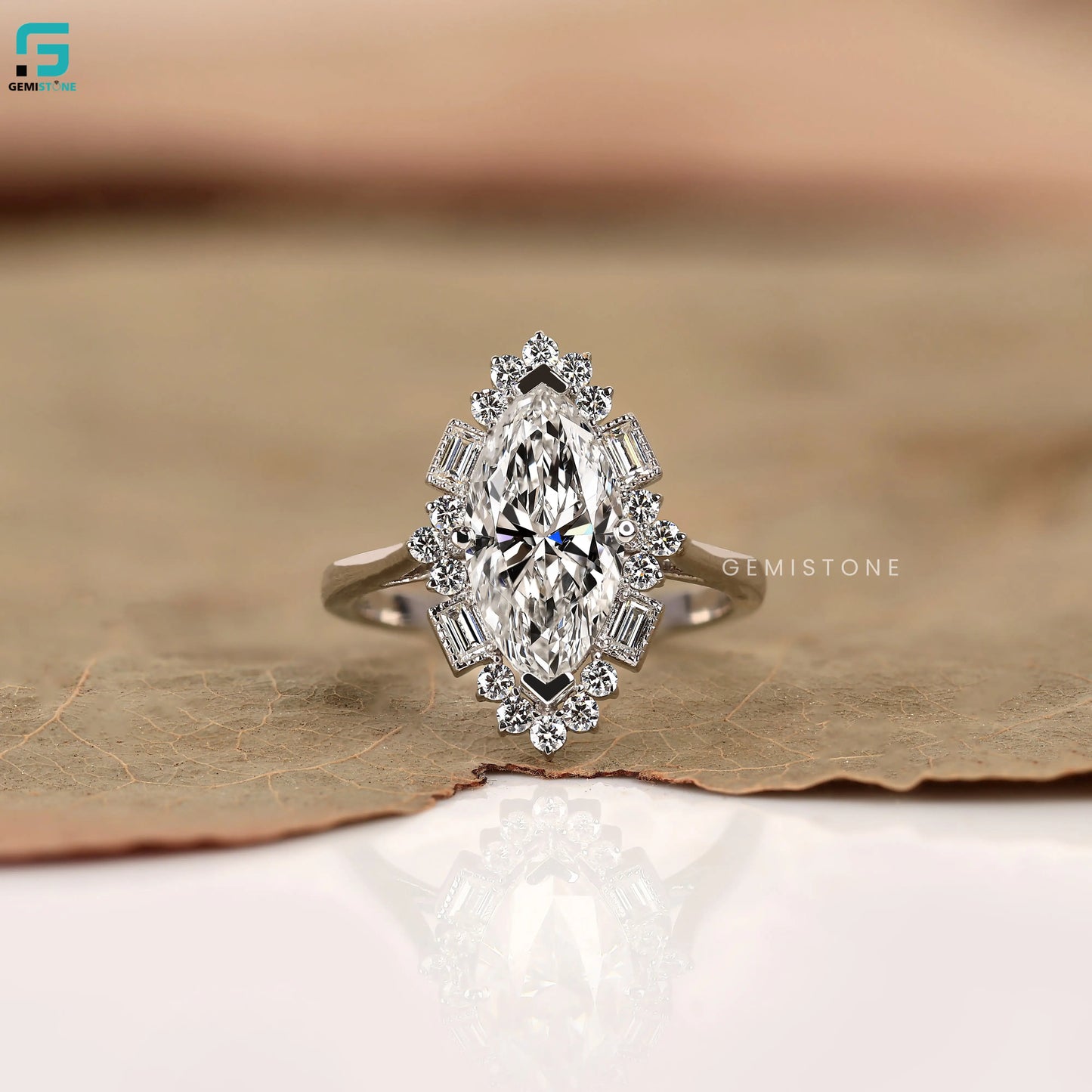 Marquise and Baguette Halo Lab Diamond Wedding Ring For Women