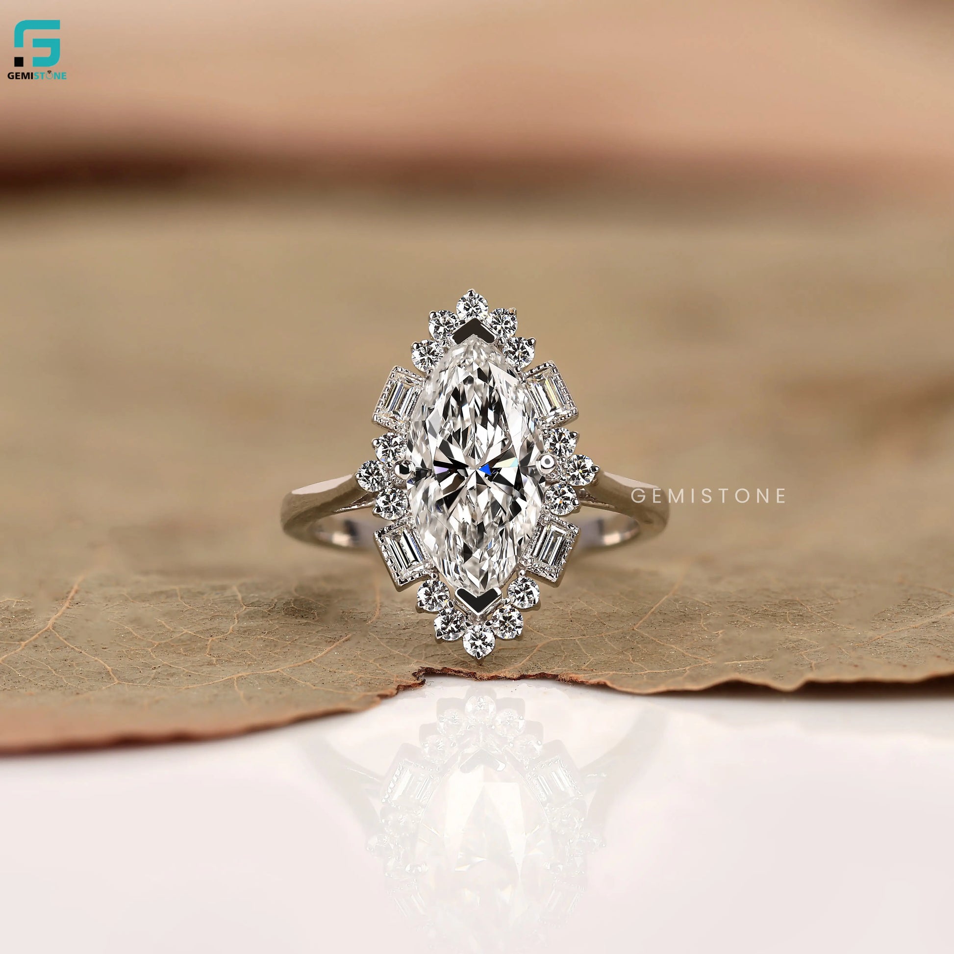 Marquise and Baguette Halo Lab Diamond Wedding Ring For Women