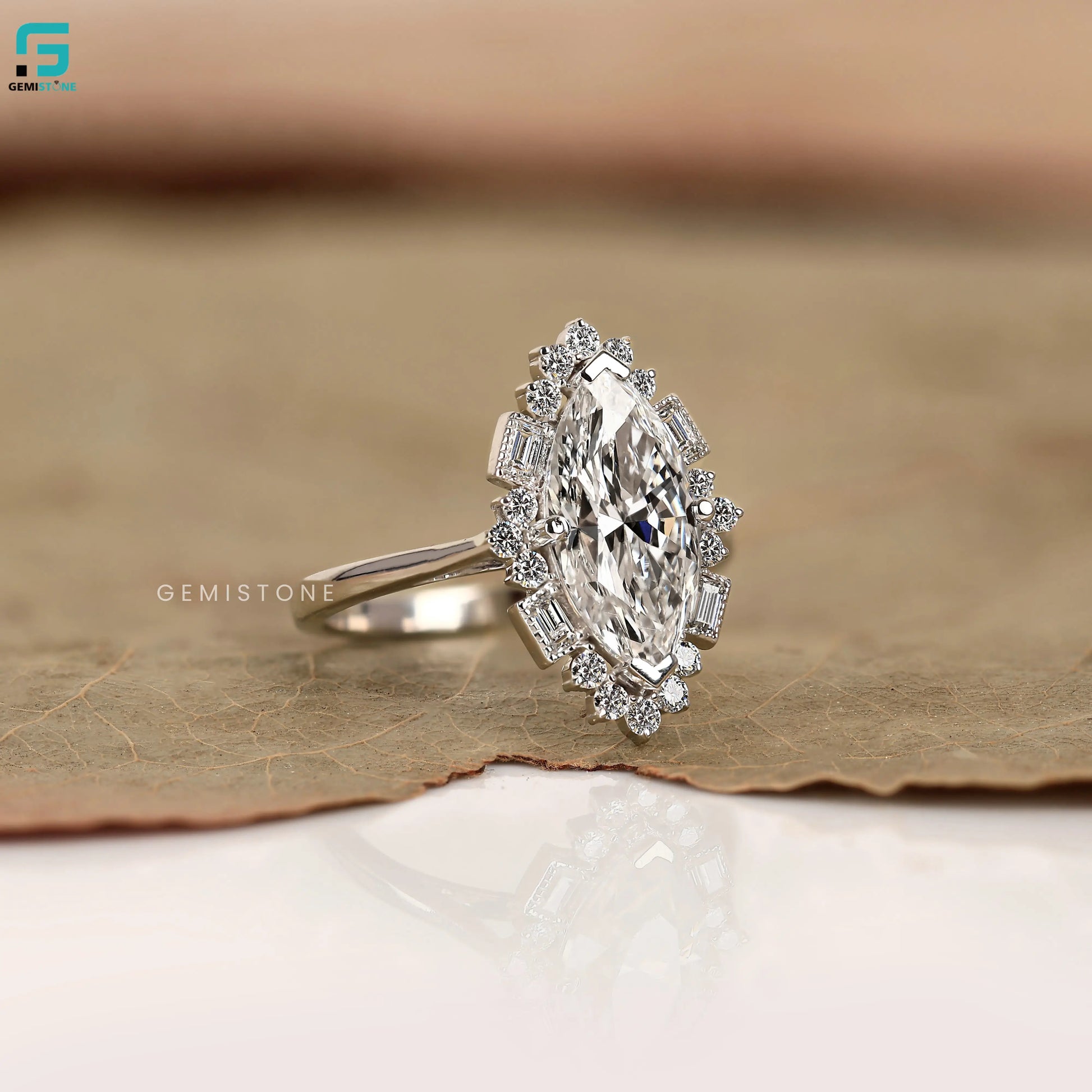Marquise and Baguette Halo Lab Grown Diamond Wedding Ring For Women