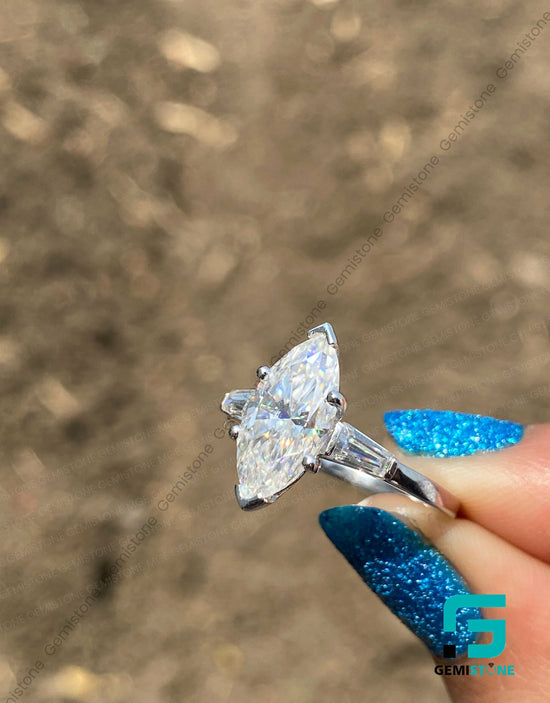 2.60 TCW Three Stone Marquise & Baguette Cut Moissanite Engagement Ring