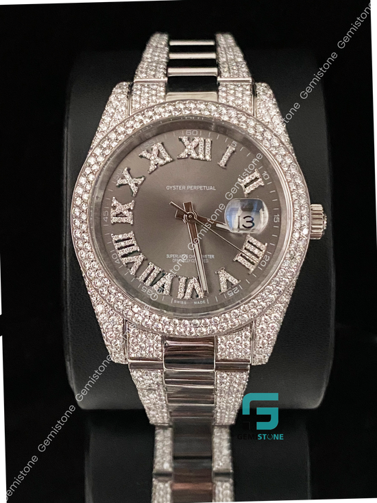 Men Luxury 41MM Olive Gray Dial Moissanite Watch Daydate