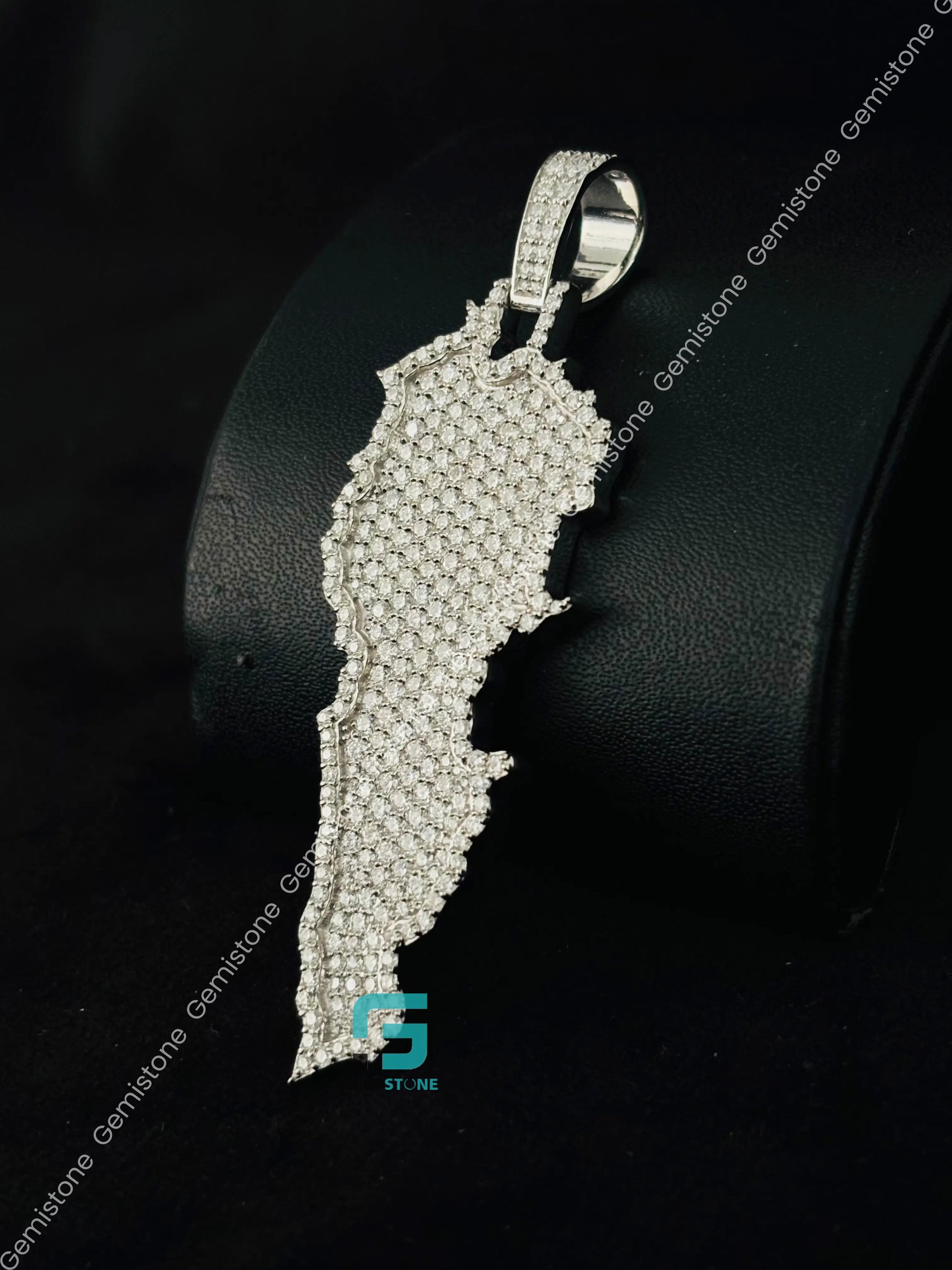 Men_s Lebanon Map Moissanite Hip Hop Pendant In 925 Silver 