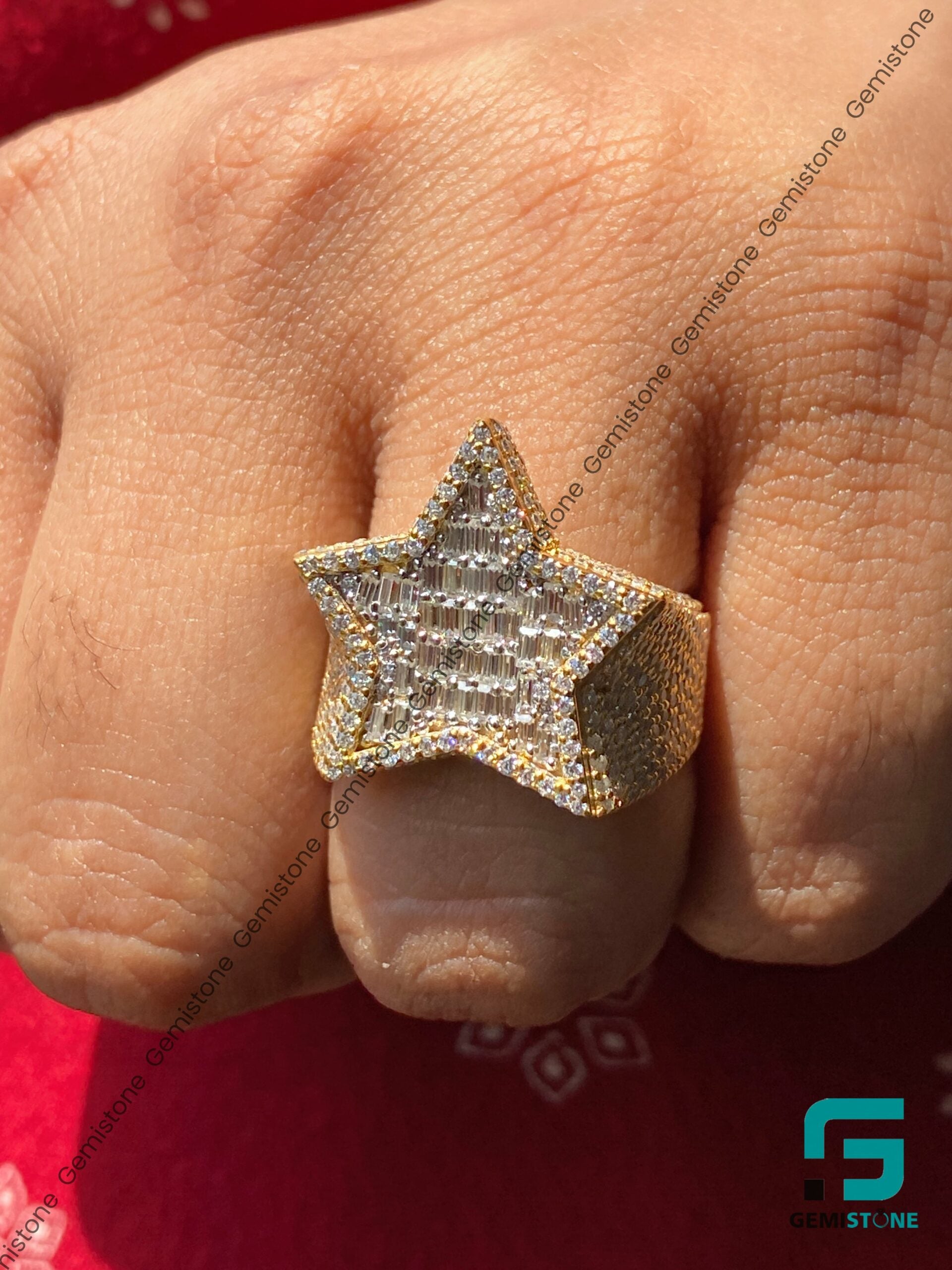 Iced Baguette and Round Moissanite Hip Hop Mens Star Ring – Gemistone