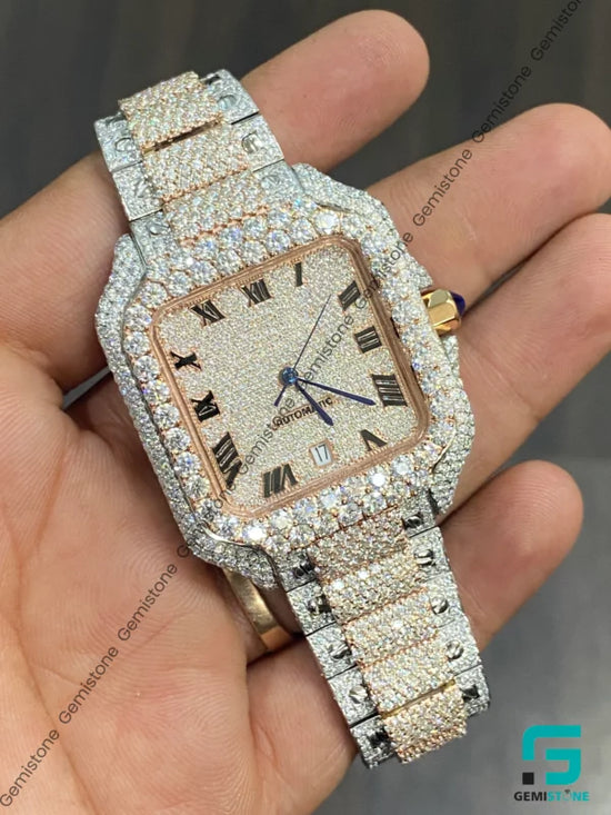 Two Tone Fully Iced Out Roman Dial Moissanite Watch For Men