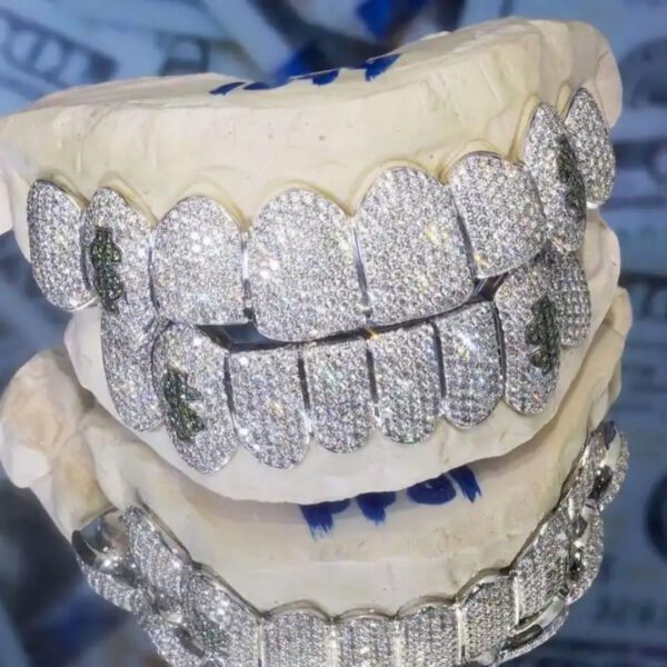 925 Sterling Silver Honeycomb Set Moissanite VVS Diamond Grillz
