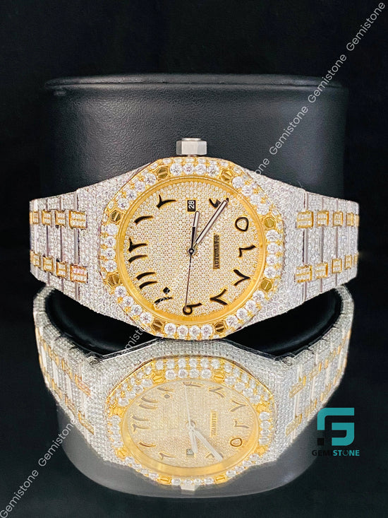 Two Tone Arabic Number Fully Studded Moissanite Watch