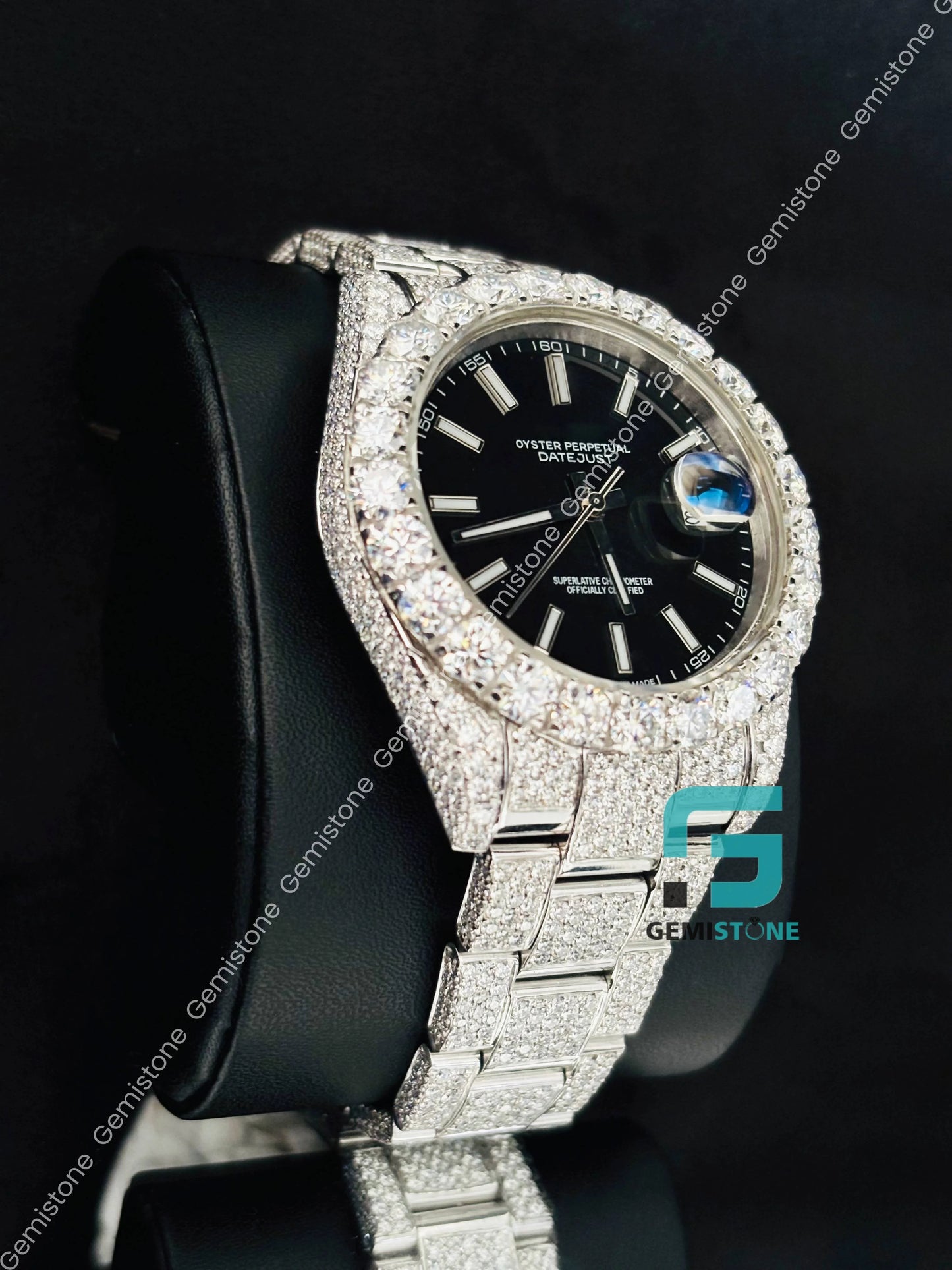 41MM Big Bezel Black Dial White Bar Moissanite Watch