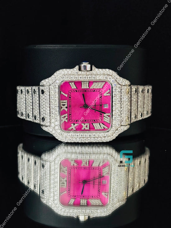 Pink Dial Iced Out Studded Roman Number Moissanite Watch