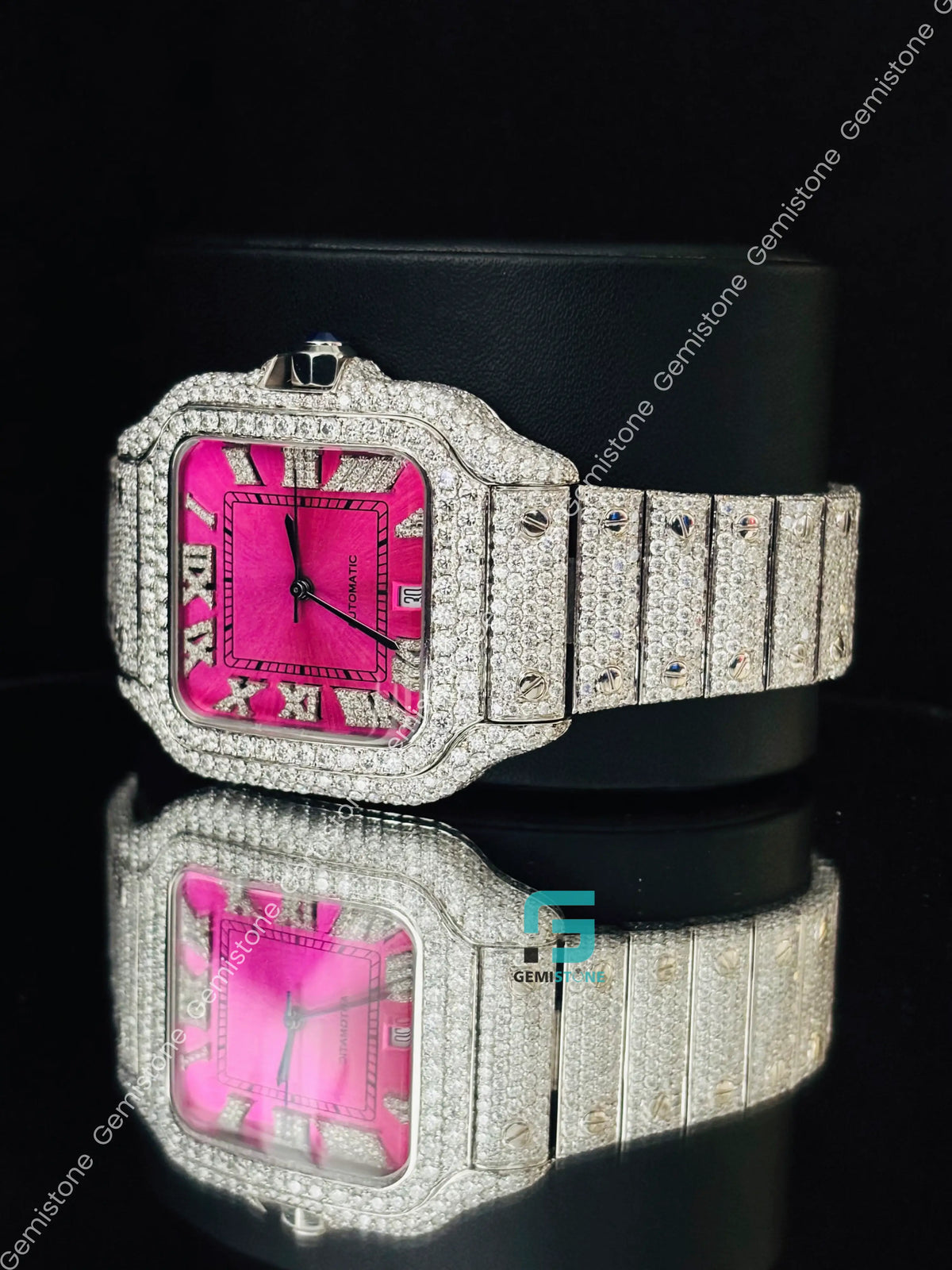 Pink Dial Iced Out Studded Roman Number Moissanite Watch
