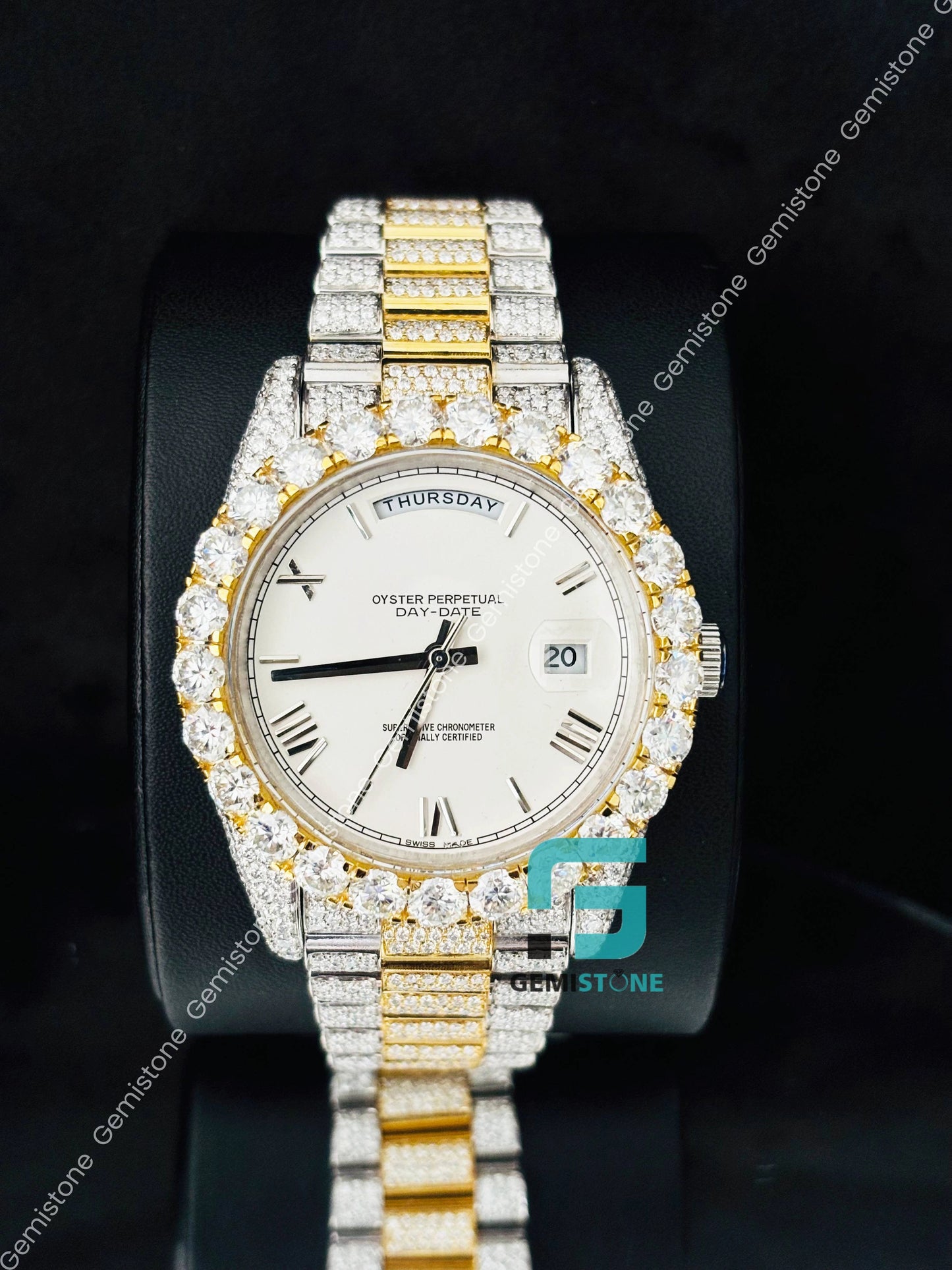 Dual Tone White Dial Roman Number Moissanite Watch