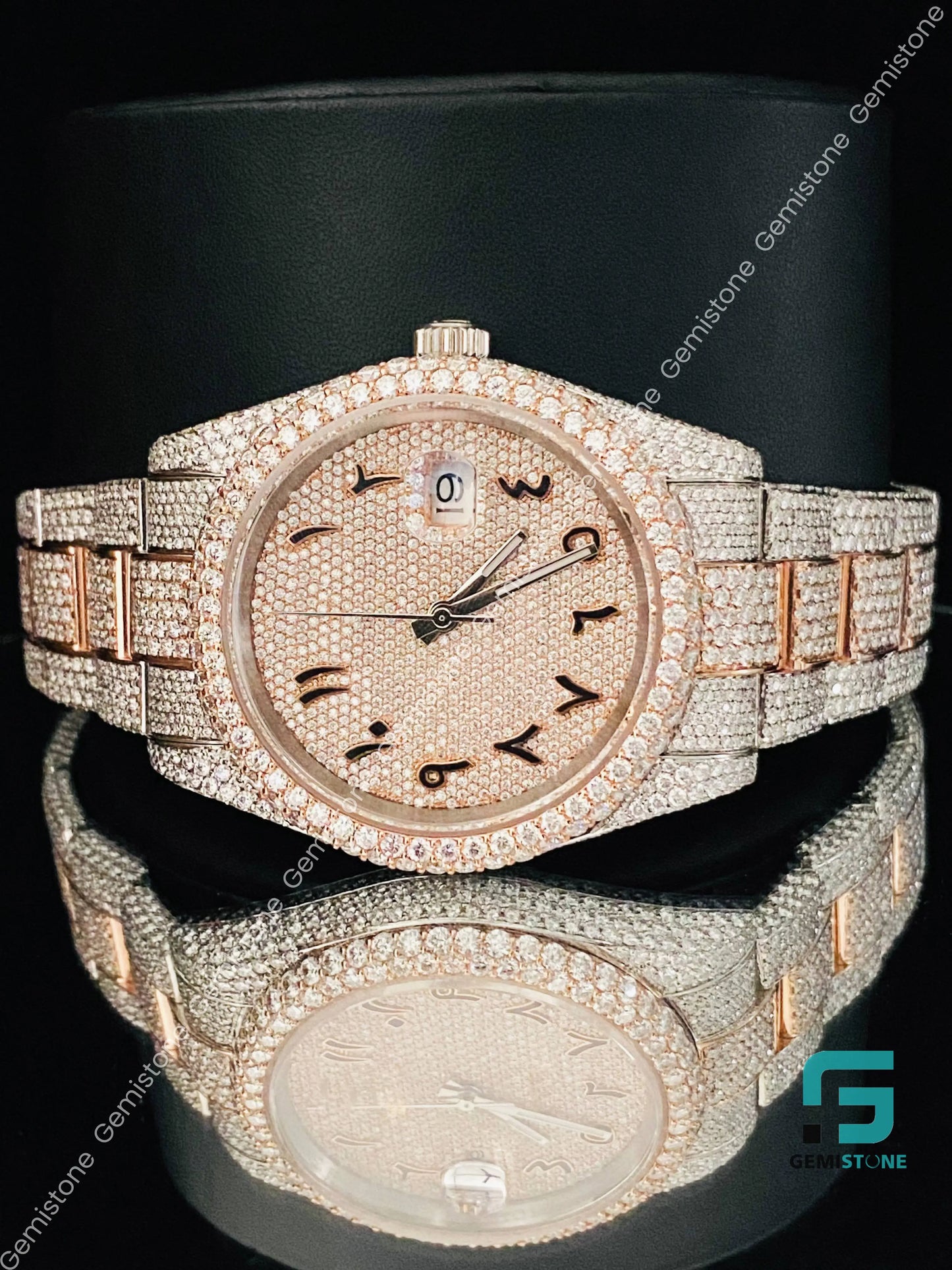 Men's Arabic Number Two Tone Fully Ice Moissanite Watch