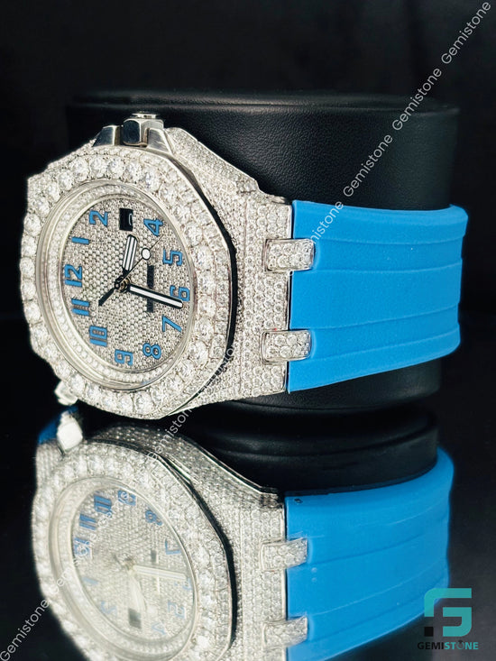 Moissanite 41MM Sky Blue Silicon Belt Moissanite Watch