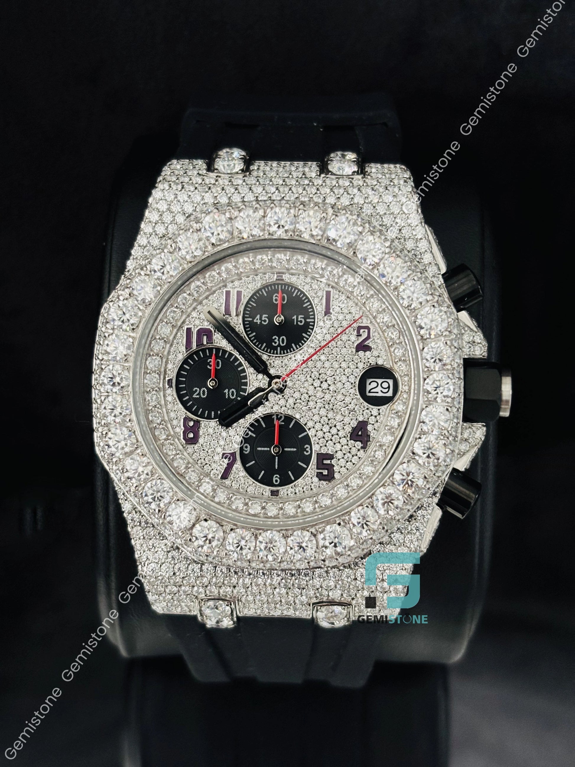 Moissanite Big Bezel Black Silicon Belt Watch