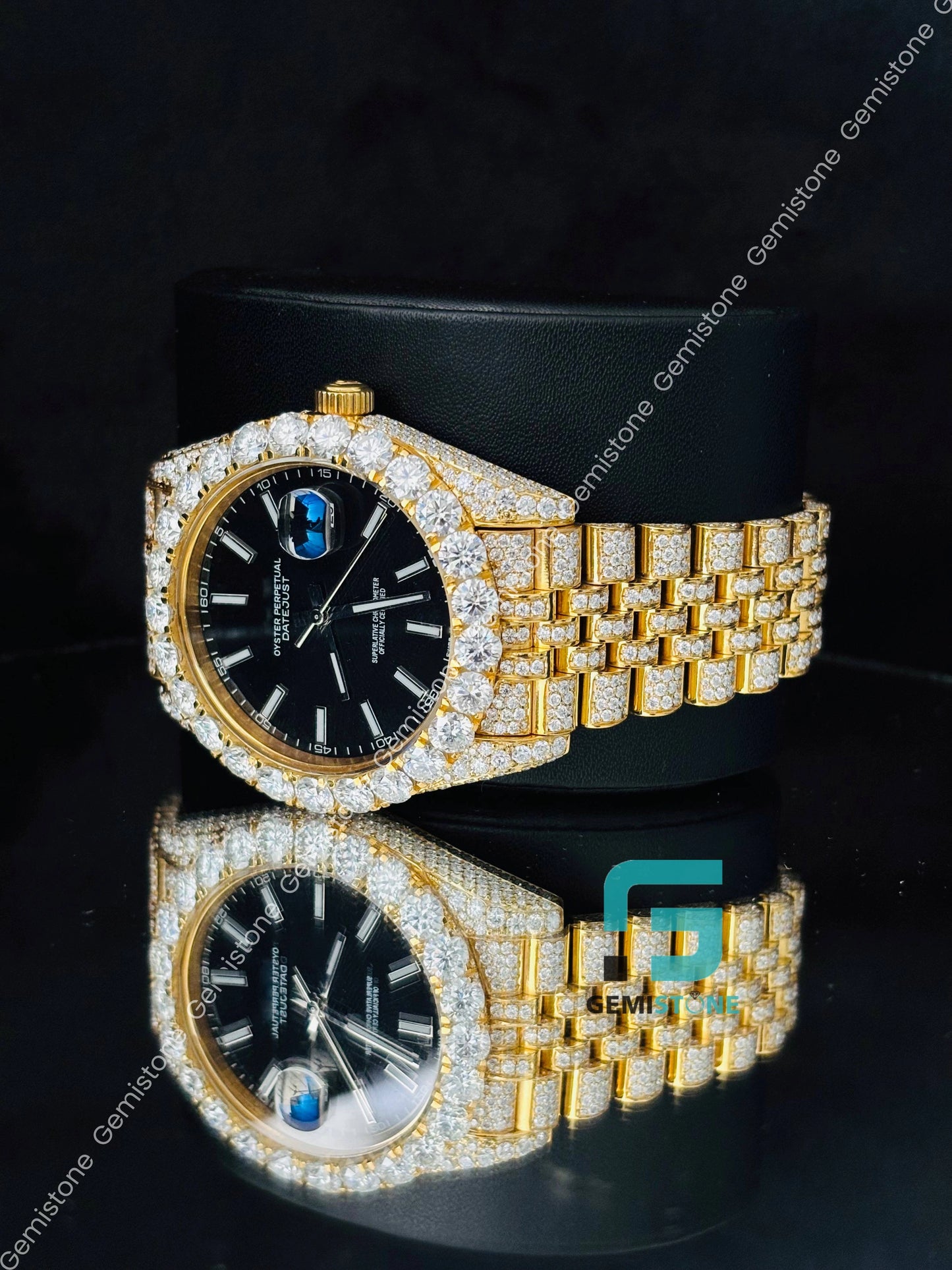 Moissanite Black Dial Yellow Gold Plated Watch