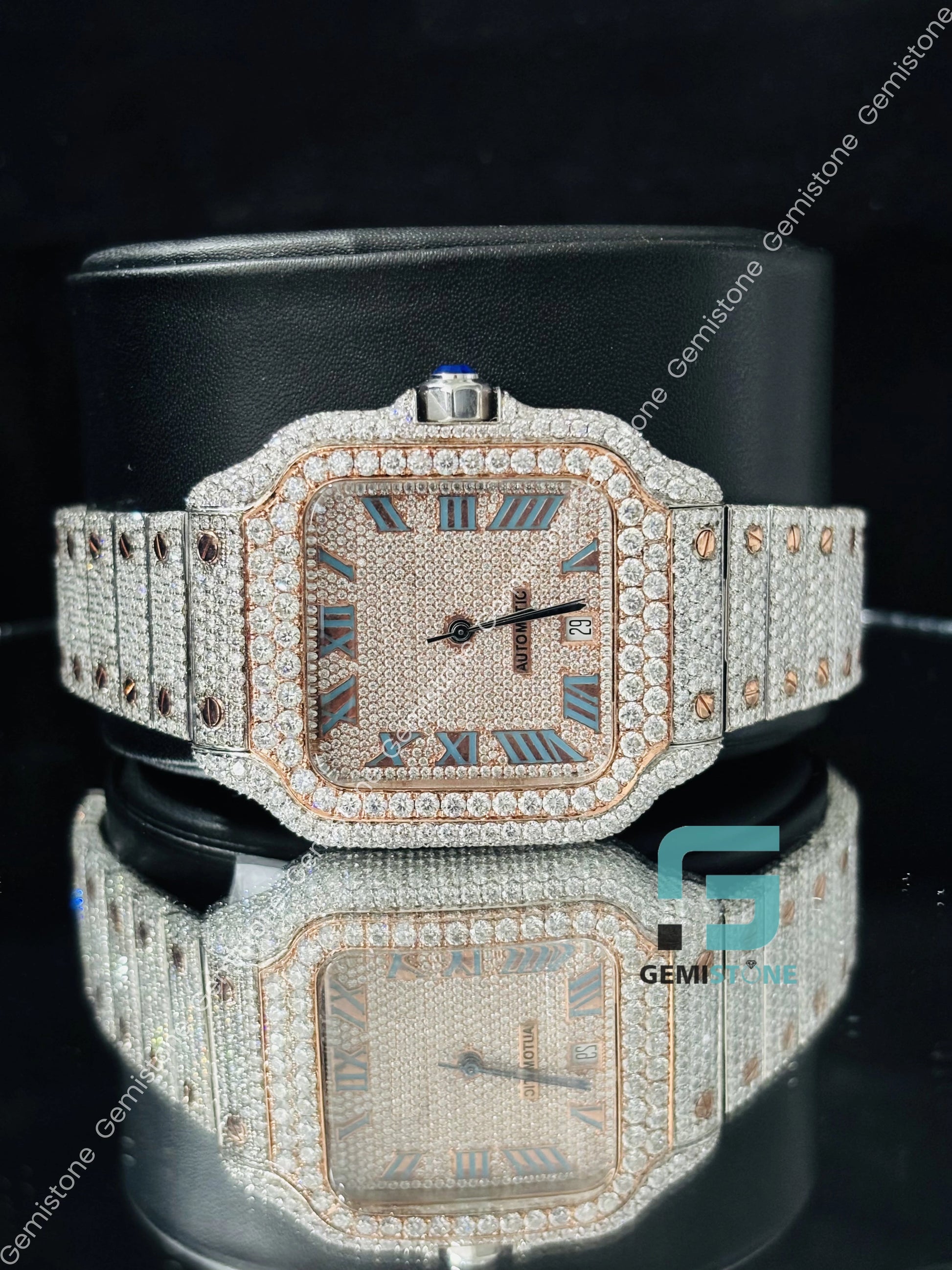 Moissanite Blue Roman Number Stainless Steel Watch