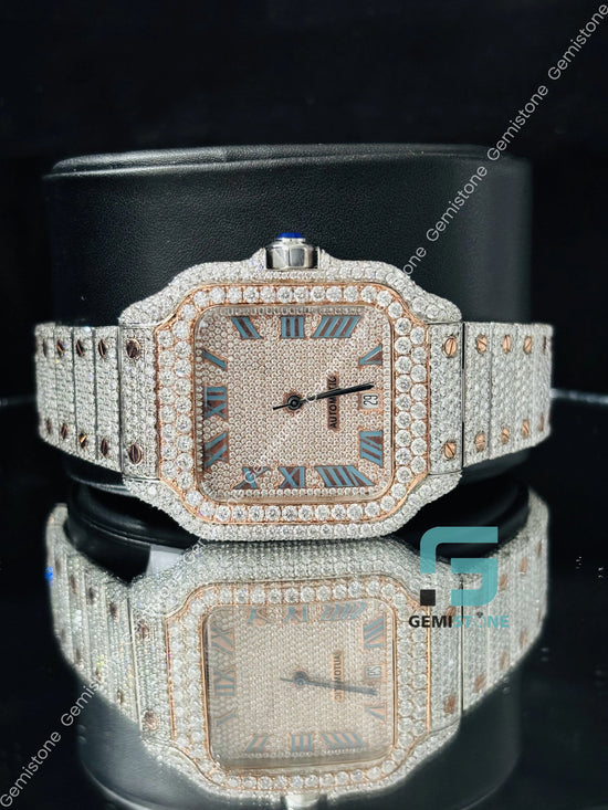 Moissanite Blue Roman Number Stainless Steel Watch