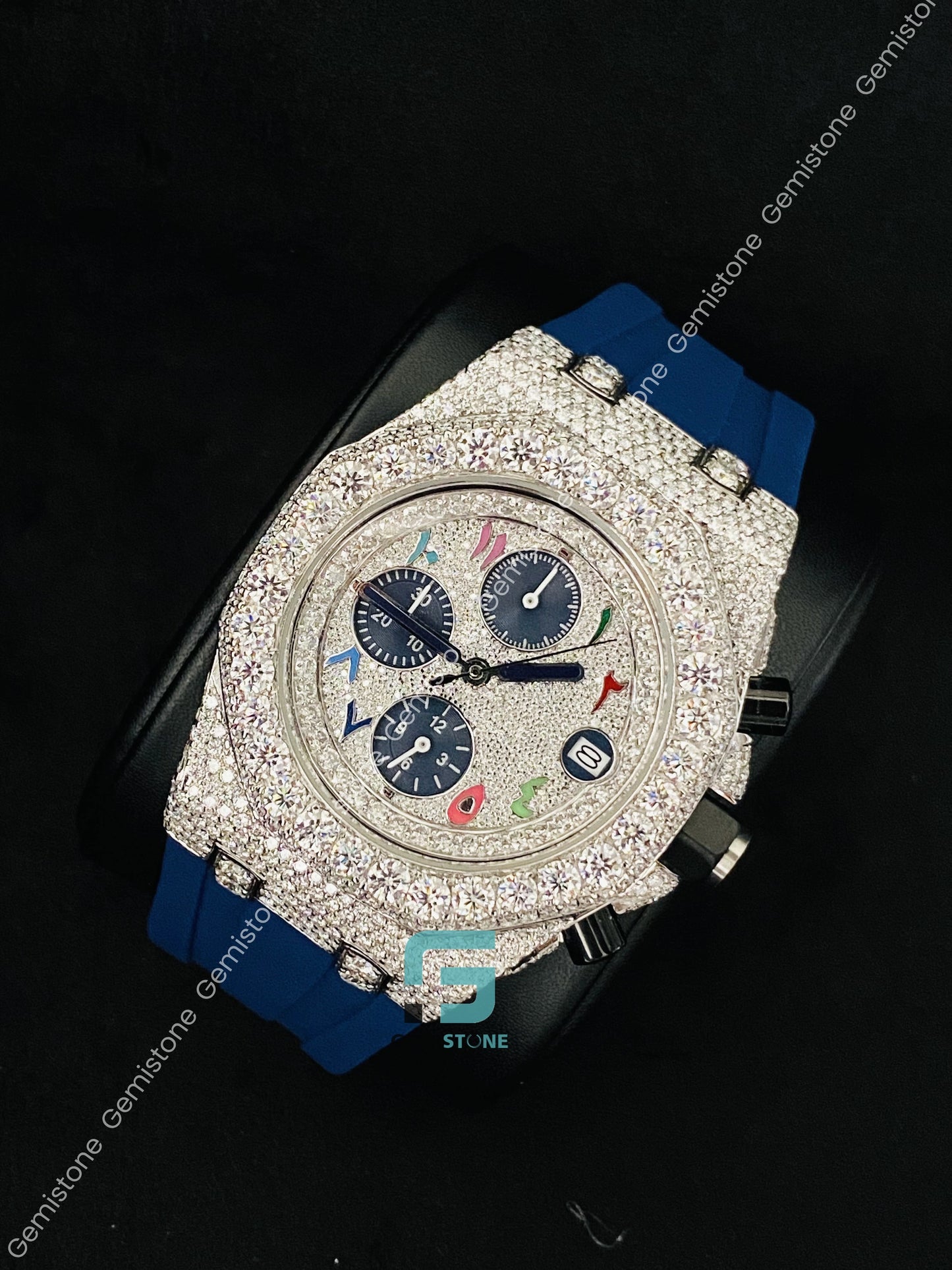 Moissanite Blue Silicon Belt Stainless Steel Watch