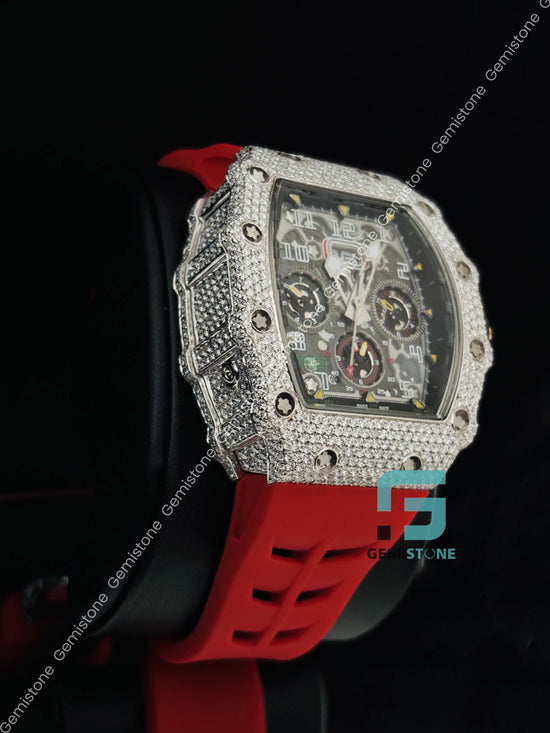 Moissanite Bust Down Red Silicon Belt Wrist Watch For Men