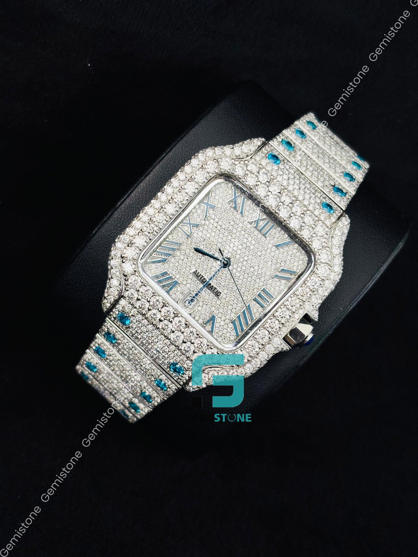 Moissanite Bust Down Sky Blue Roman Number Watch