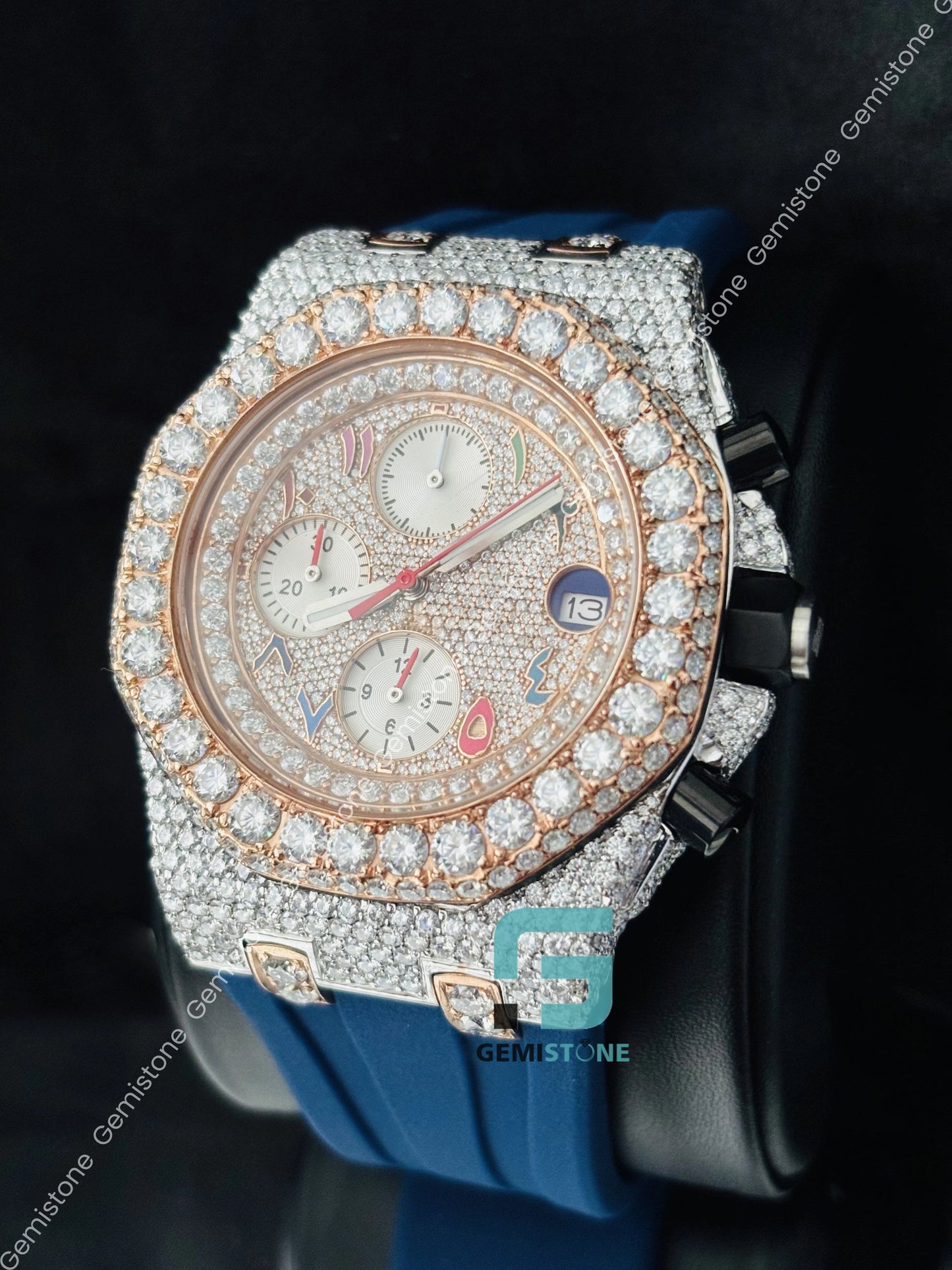 Moissanite Chronograph Blue Silicon Strap Watch